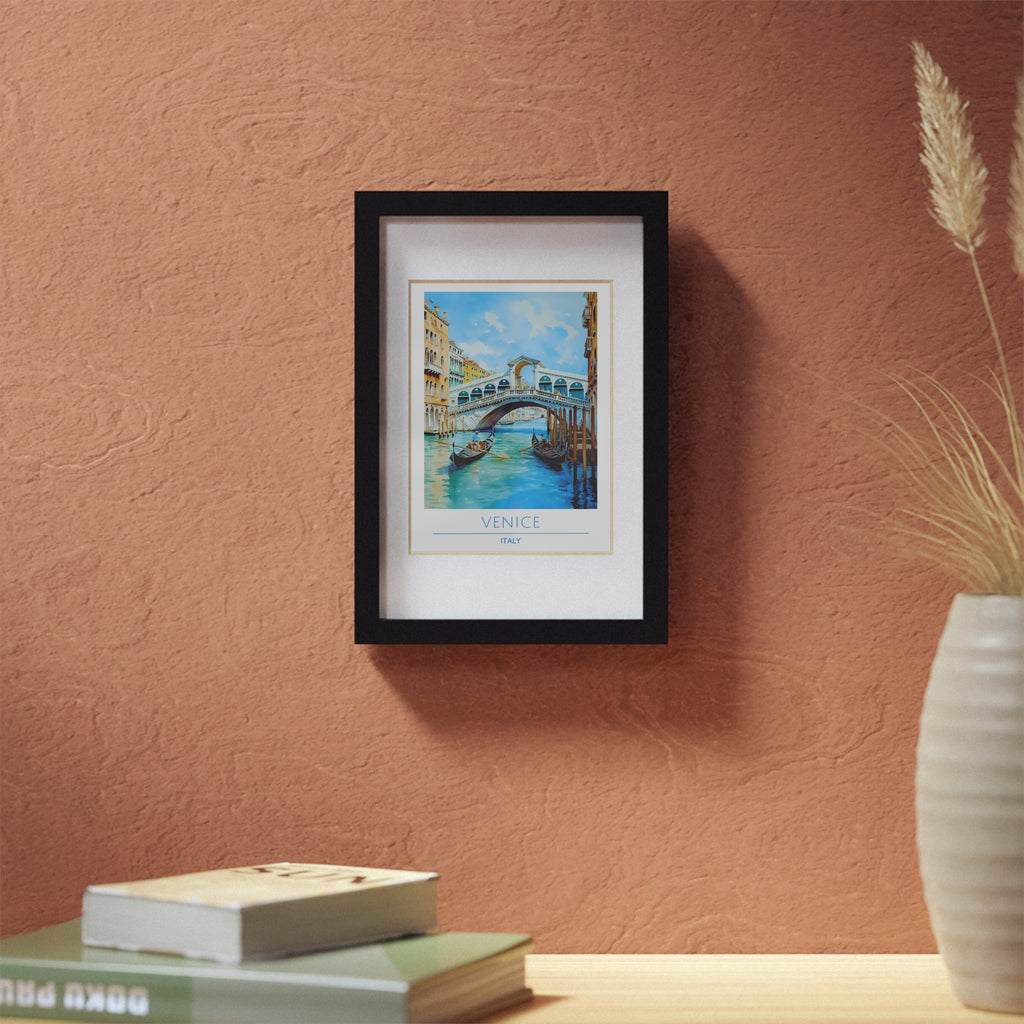Venice Italy Rialto Bridge Poster - Framed Gondola Wall Art, Canal Scene Print, Watercolor Travel Decor
