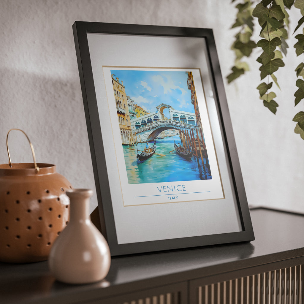 Venice Italy Rialto Bridge Poster - Framed Gondola Wall Art, Canal Scene Print, Watercolor Travel Decor