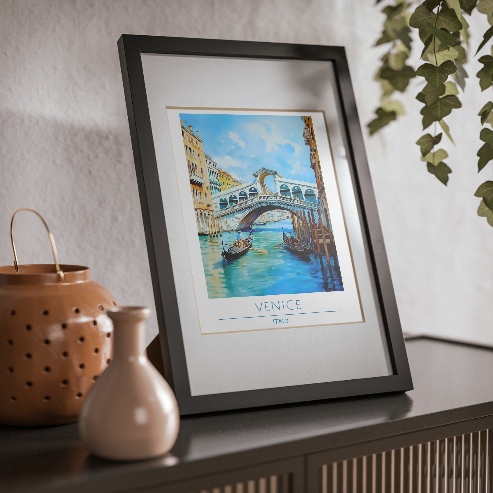 Venice Italy Rialto Bridge Poster - Framed Gondola Wall Art, Canal Scene Print, Watercolor Travel Decor