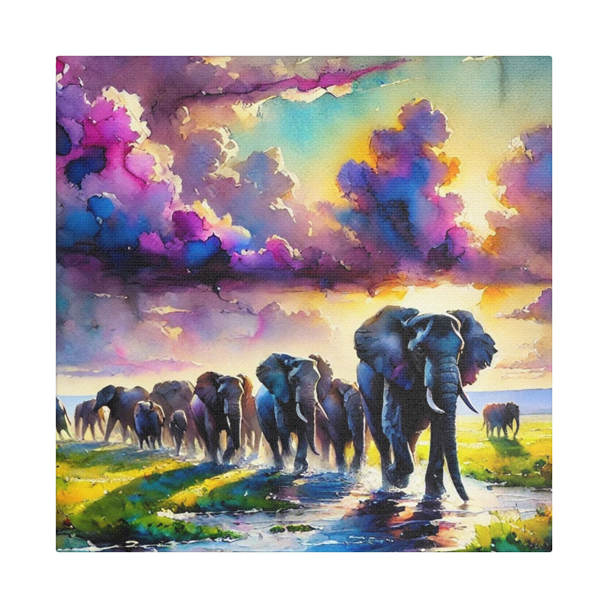 Colorful Elephant Wall Decor, Satin Canvas Art, Vibrant Animal Print, Stretched Canvas Painting, Nursery Room Decor, Home Wall Art, Kids