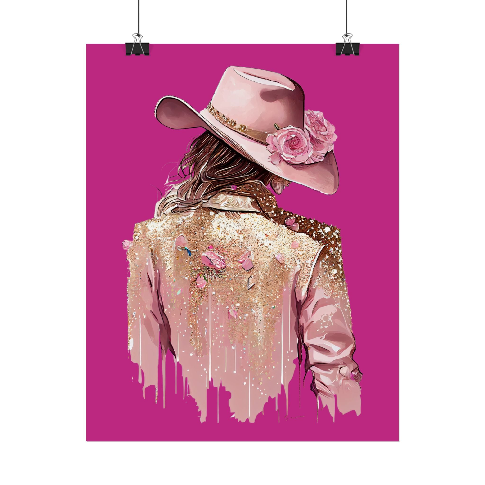 Western Glam Pink Hat Poster - Bold Feminine Wall Art for Bedroom or Dorm, Cowboycore Home Decor, Rose Jacket Pop Art Print