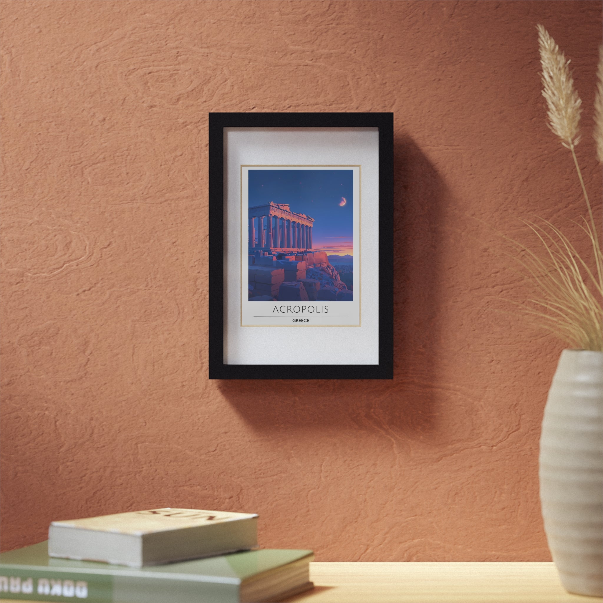 Acropolis Greece Framed Travel Poster - Athens Wall Art Print, Ancient Greek Architecture Decor, Parthenon Illustration
