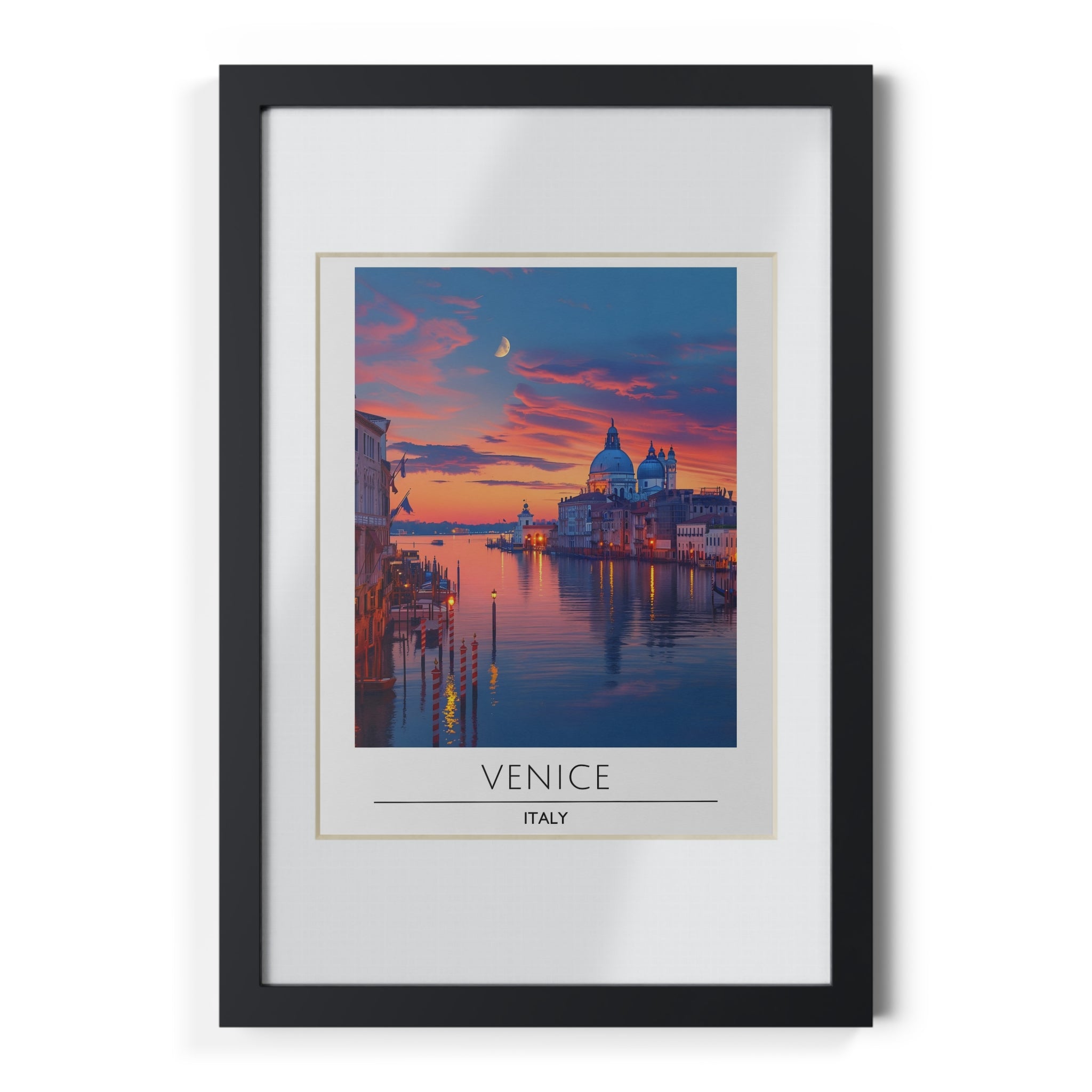 Venice Italy Framed Travel Poster - Grand Canal Wall Art Print, Sunset Cityscape Decor, Romantic European Architecture
