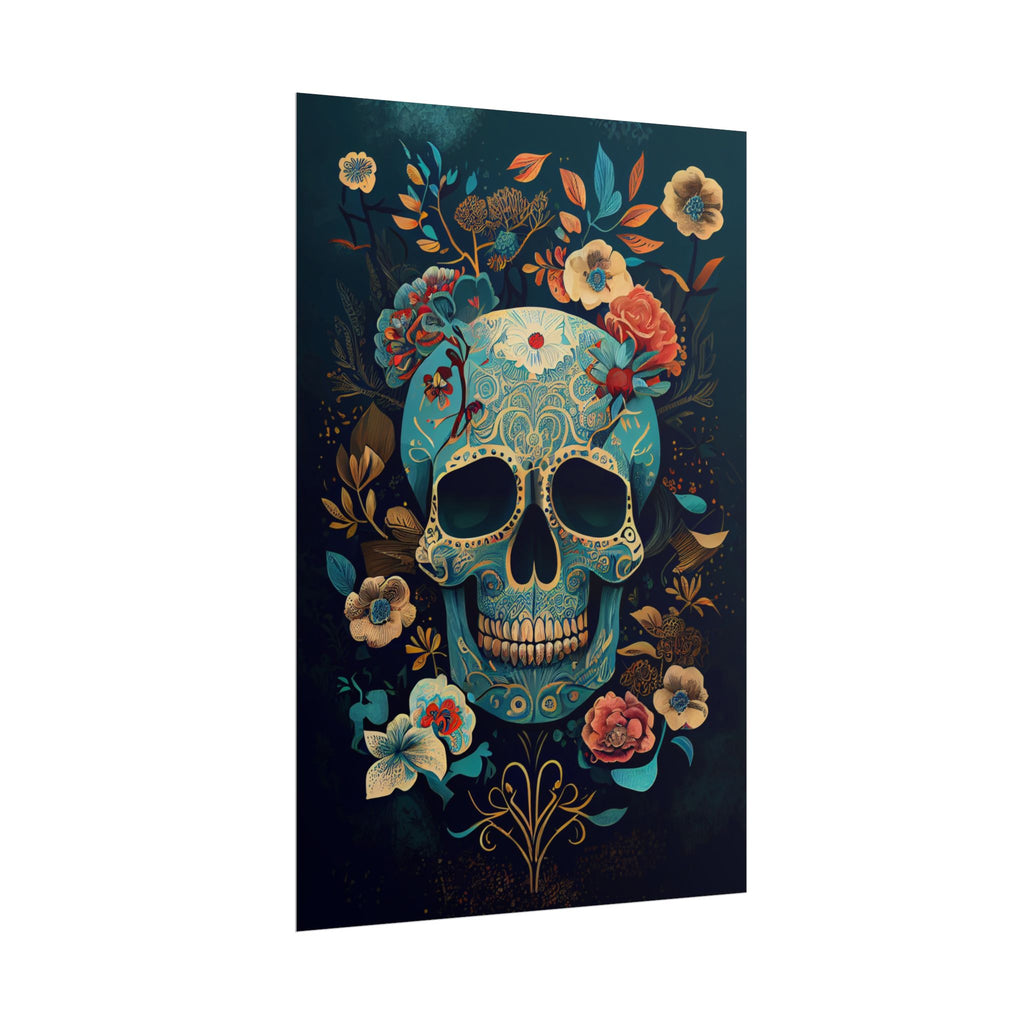 Blue Chinoiserie Sugar Skull Poster - Dia de los Muertos Floral Skull Art Print, Moody Gothic Home Decor, Vibrant Calavera Wall Art