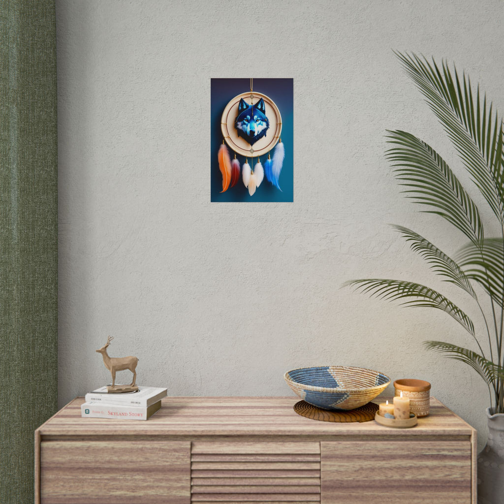 Boho Wolf Dreamcatcher Poster - Spirit Animal Wall Art, Tribal Bohemian Decor, Blue Wolf Dream Catcher Print