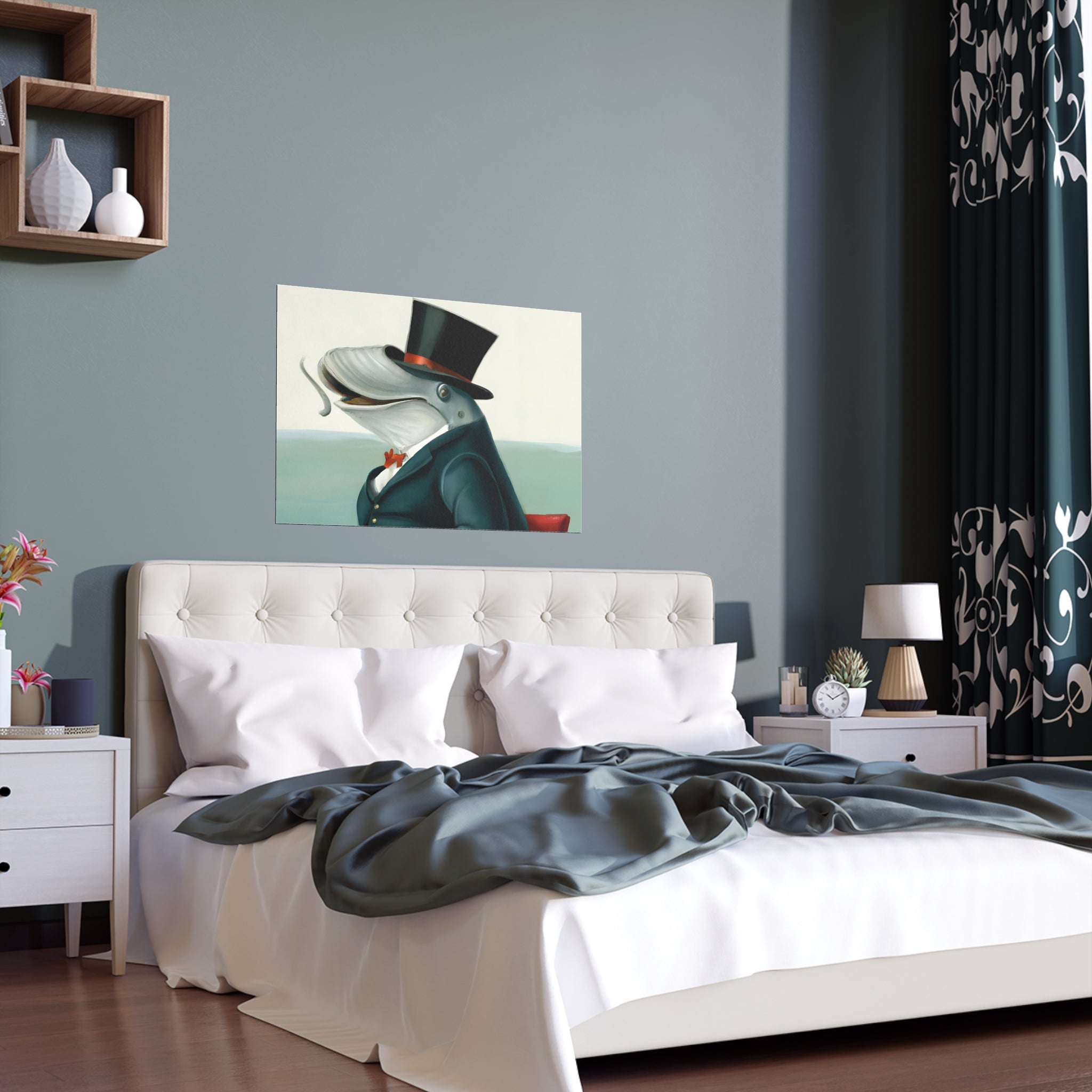 Whale in Top Hat Poster - Surreal Animal Art Print for Bathroom or Office - Funny Dapper Whale Wall Art, Gift for Men, Coastal Decor