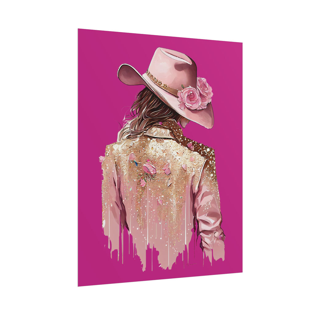 Western Glam Pink Hat Poster - Bold Feminine Wall Art for Bedroom or Dorm, Cowboycore Home Decor, Rose Jacket Pop Art Print