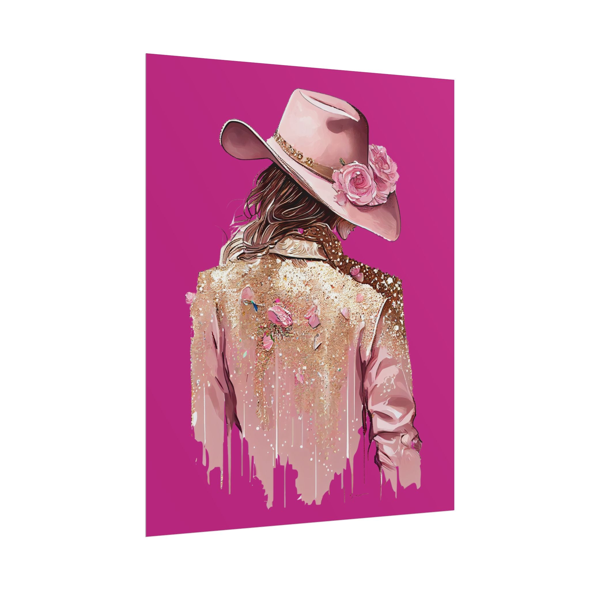Western Glam Pink Hat Poster - Bold Feminine Wall Art for Bedroom or Dorm, Cowboycore Home Decor, Rose Jacket Pop Art Print