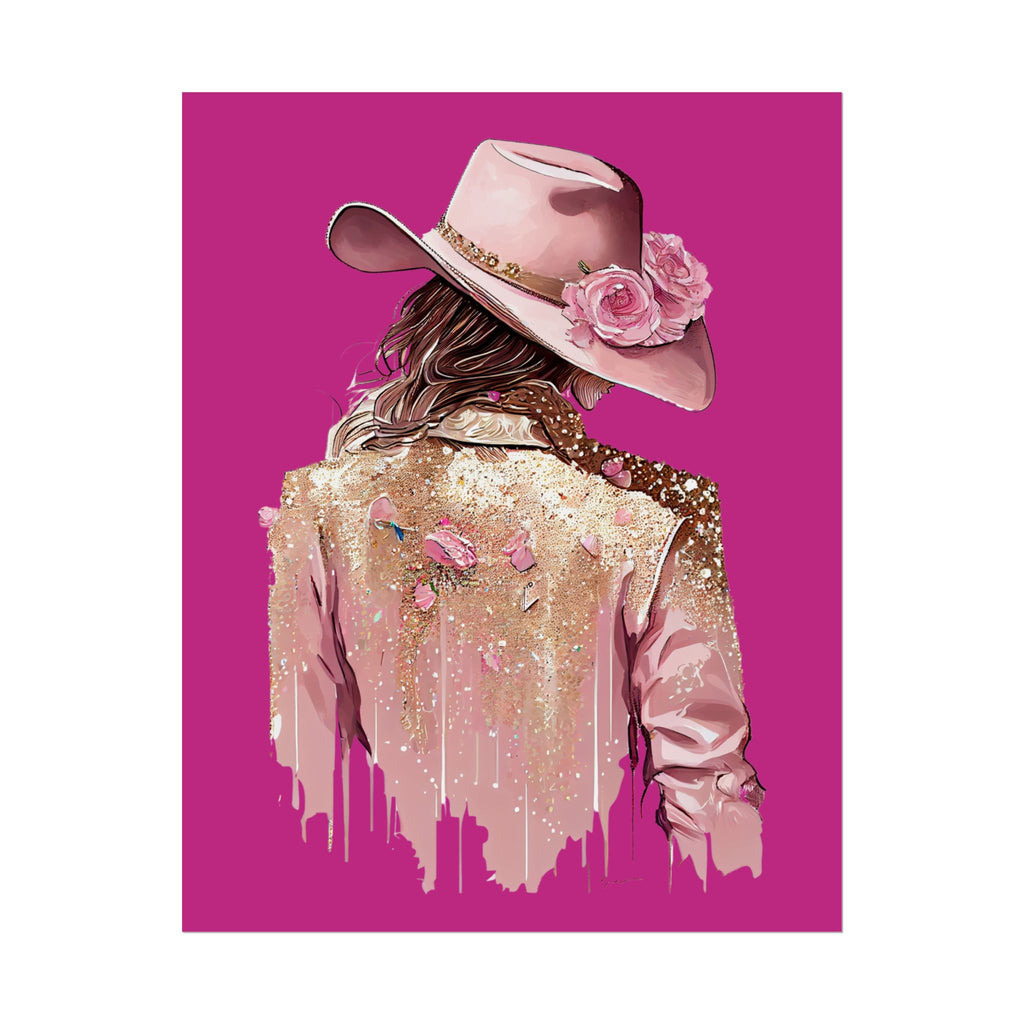 Western Glam Pink Hat Poster - Bold Feminine Wall Art for Bedroom or Dorm, Cowboycore Home Decor, Rose Jacket Pop Art Print