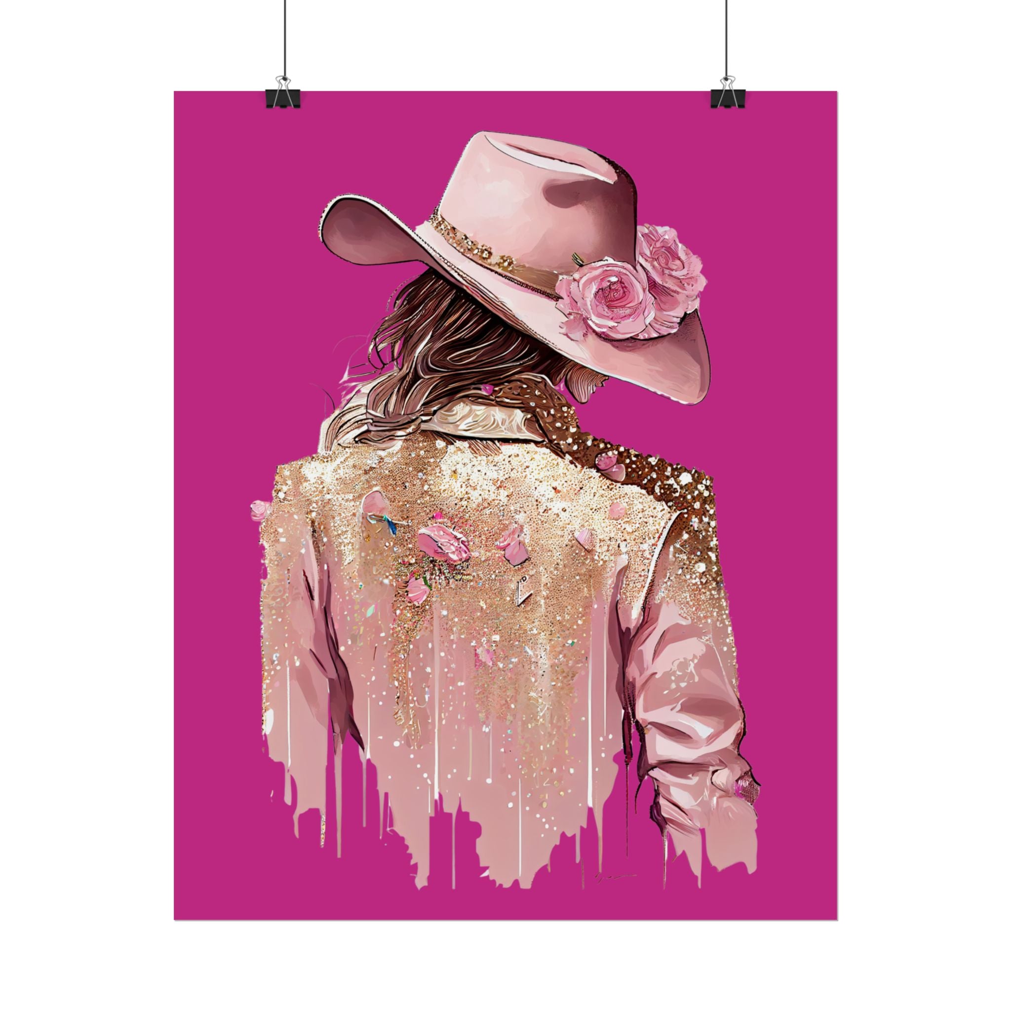 Western Glam Pink Hat Poster - Bold Feminine Wall Art for Bedroom or Dorm, Cowboycore Home Decor, Rose Jacket Pop Art Print