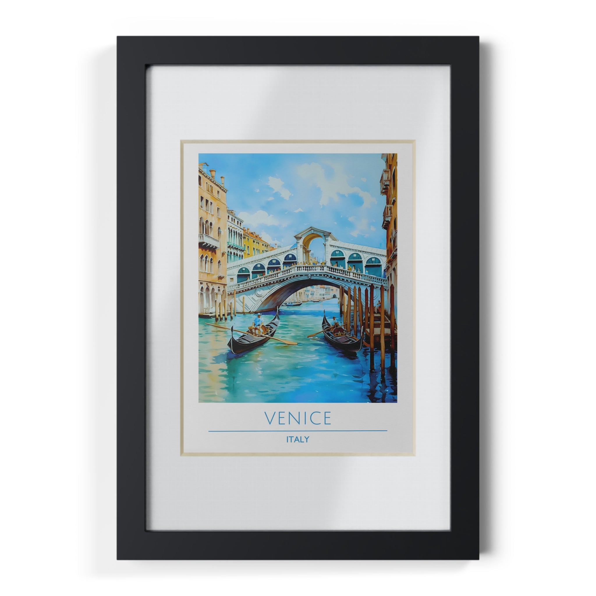 Venice Italy Rialto Bridge Poster - Framed Gondola Wall Art, Canal Scene Print, Watercolor Travel Decor