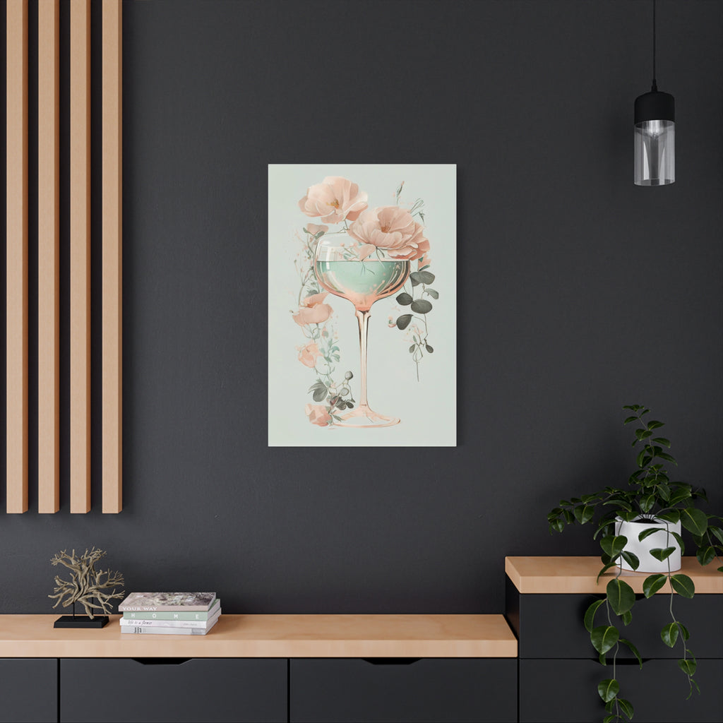 Mint Wine Glass Floral Canvas Wall Art - Elegant Botanical Poster, Soft Pastel Minimalist Decor for Bedroom or Kitchen