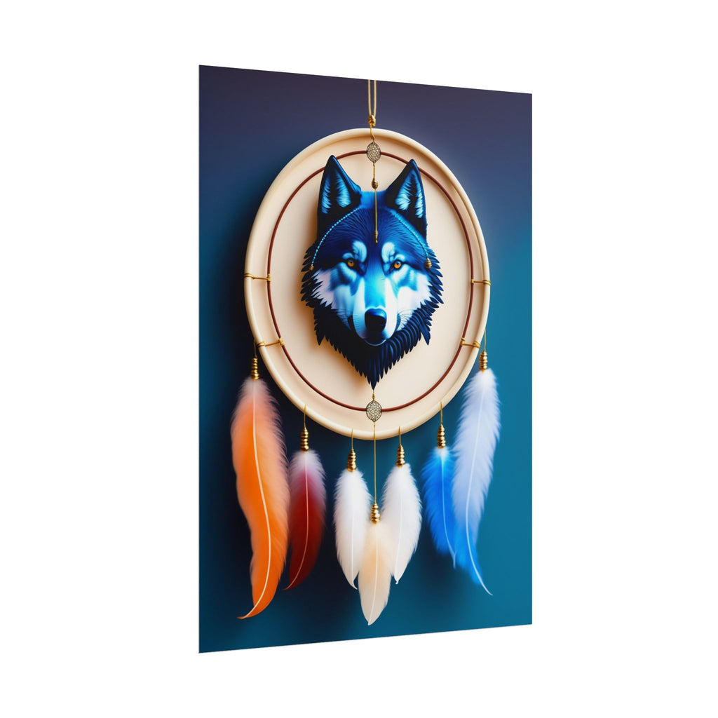 Boho Wolf Dreamcatcher Poster - Spirit Animal Wall Art, Tribal Bohemian Decor, Blue Wolf Dream Catcher Print