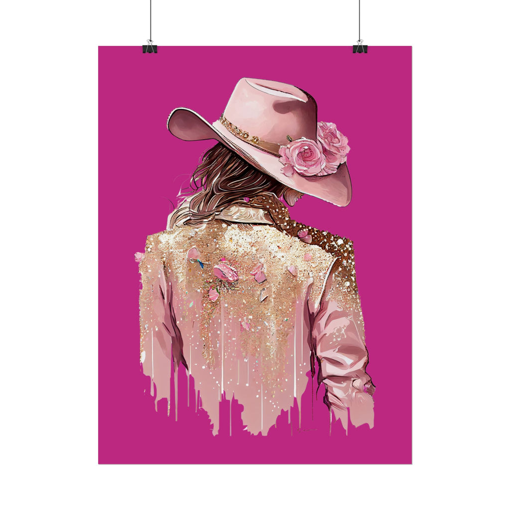 Western Glam Pink Hat Poster - Bold Feminine Wall Art for Bedroom or Dorm, Cowboycore Home Decor, Rose Jacket Pop Art Print