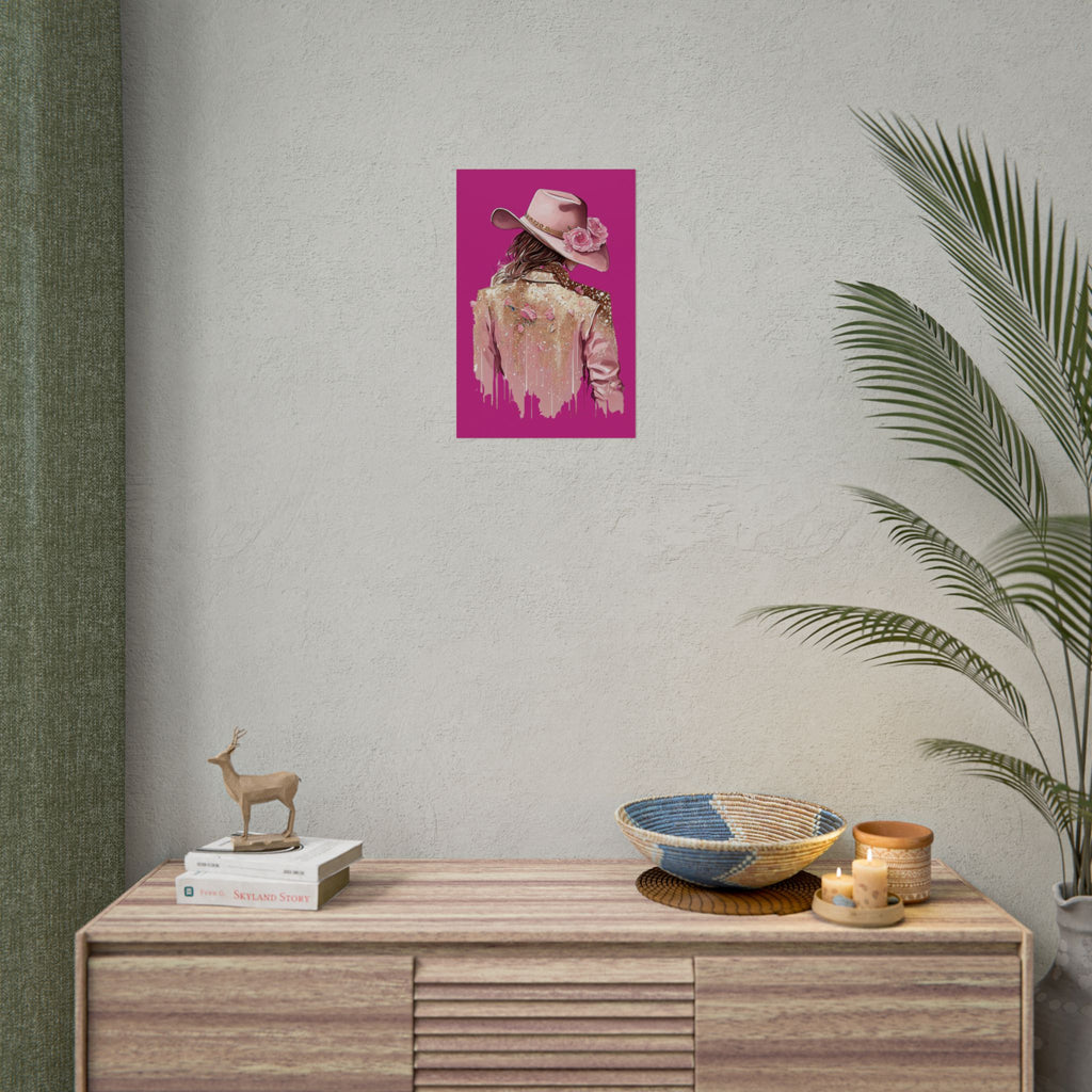 Western Glam Pink Hat Poster - Bold Feminine Wall Art for Bedroom or Dorm, Cowboycore Home Decor, Rose Jacket Pop Art Print