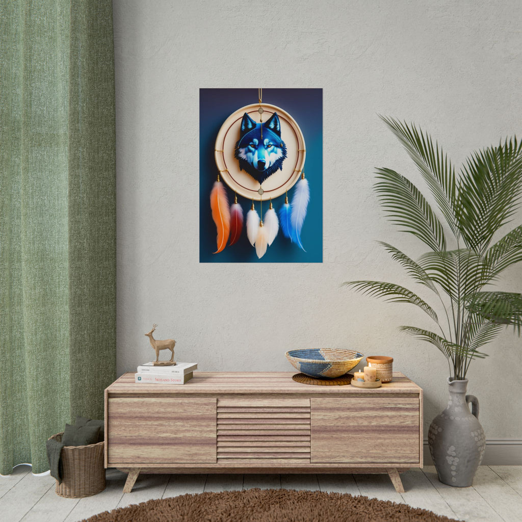 Boho Wolf Dreamcatcher Poster - Spirit Animal Wall Art, Tribal Bohemian Decor, Blue Wolf Dream Catcher Print