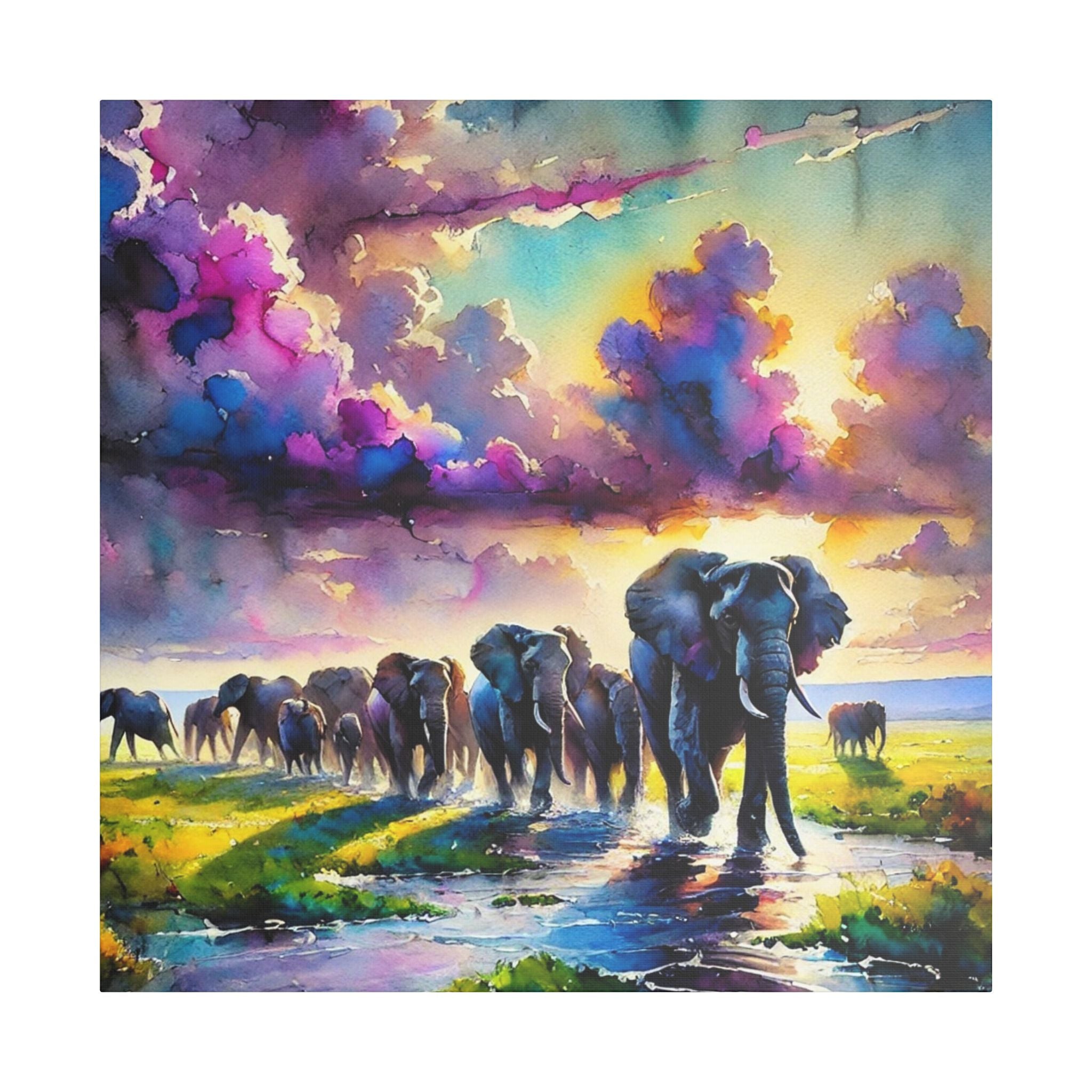 Colorful Elephant Wall Decor, Satin Canvas Art, Vibrant Animal Print, Stretched Canvas Painting, Nursery Room Decor, Home Wall Art, Kids