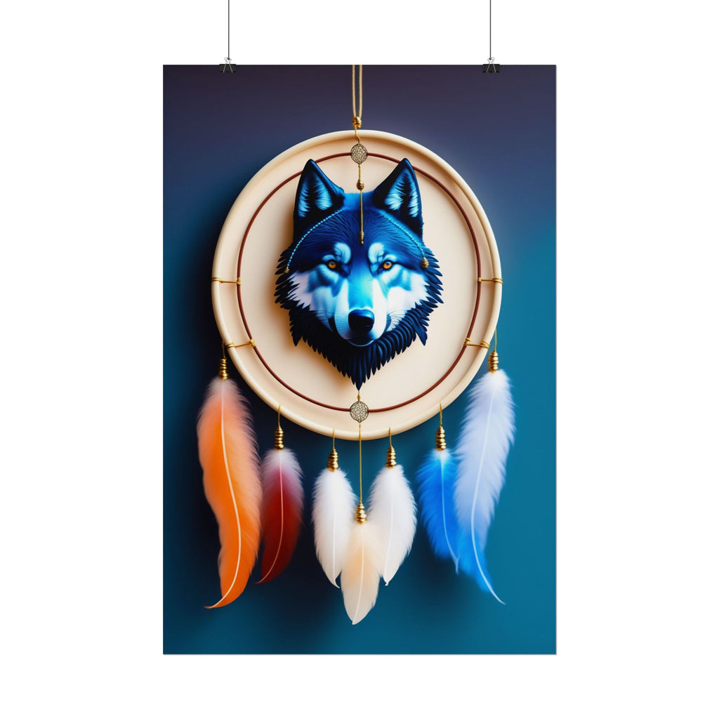Boho Wolf Dreamcatcher Poster - Spirit Animal Wall Art, Tribal Bohemian Decor, Blue Wolf Dream Catcher Print