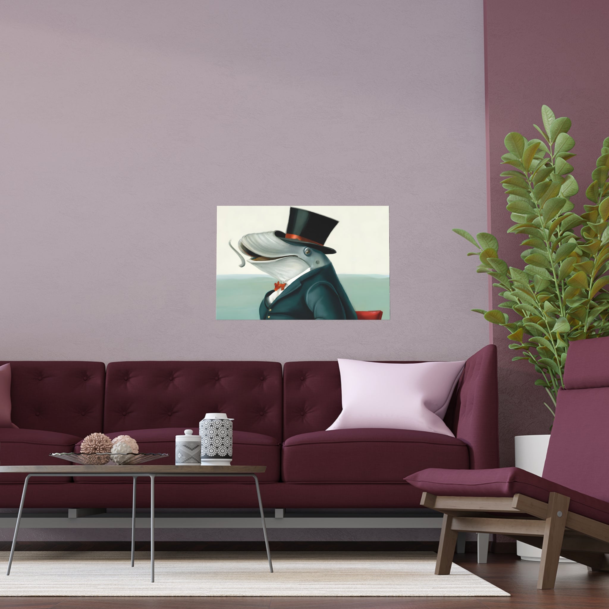 Whale in Top Hat Poster - Surreal Animal Art Print for Bathroom or Office - Funny Dapper Whale Wall Art, Gift for Men, Coastal Decor