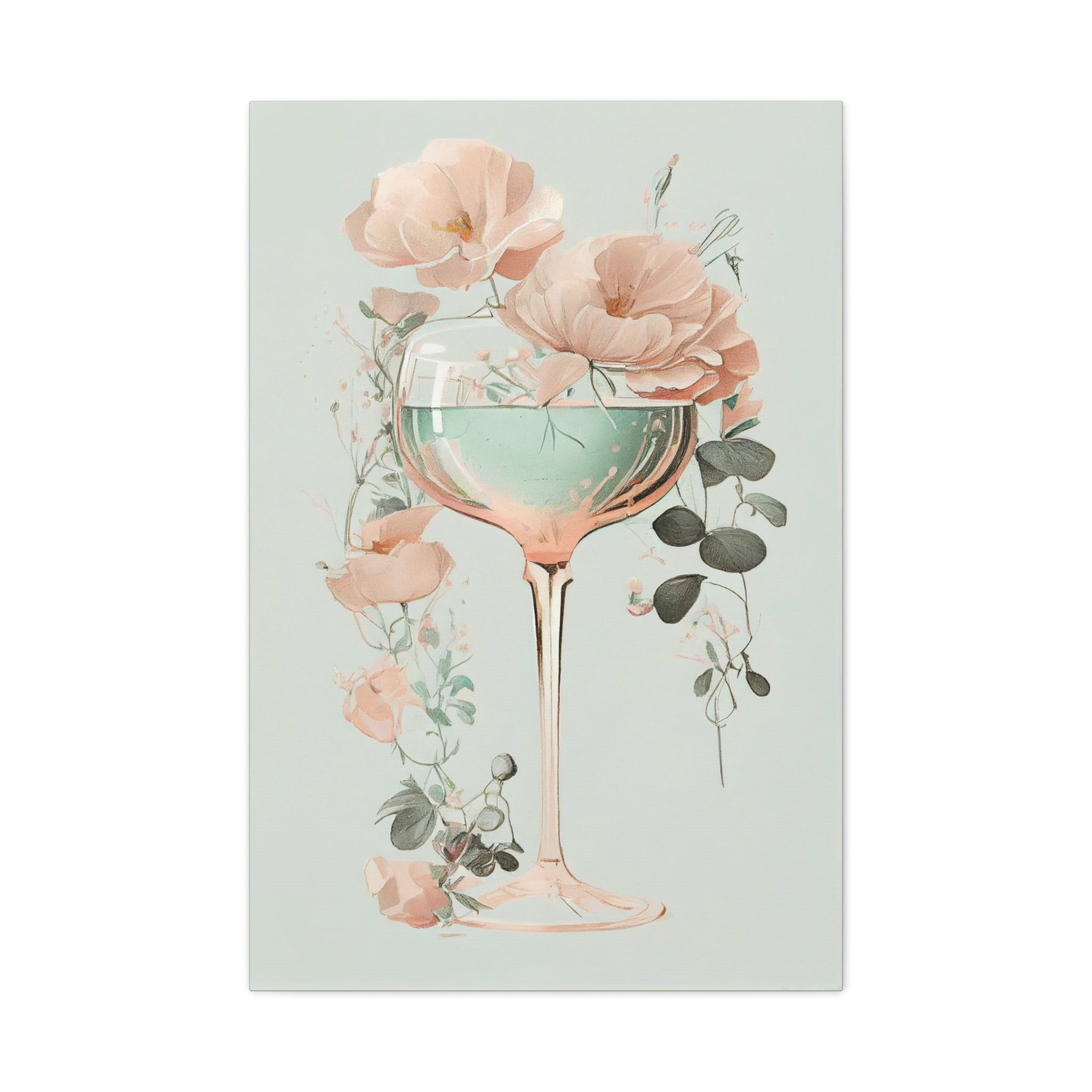 Mint Wine Glass Floral Canvas Wall Art - Elegant Botanical Poster, Soft Pastel Minimalist Decor for Bedroom or Kitchen