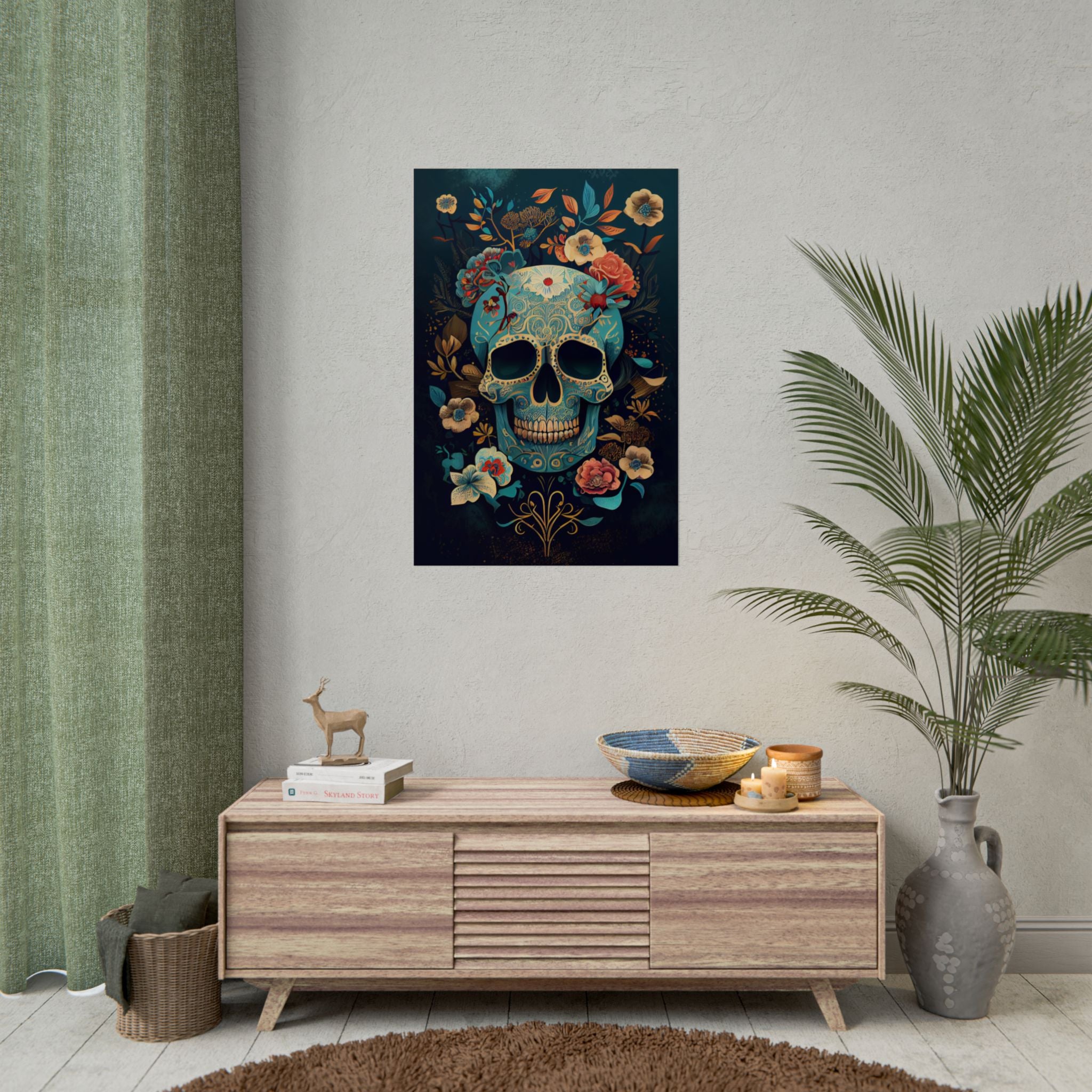 Blue Chinoiserie Sugar Skull Poster - Dia de los Muertos Floral Skull Art Print, Moody Gothic Home Decor, Vibrant Calavera Wall Art