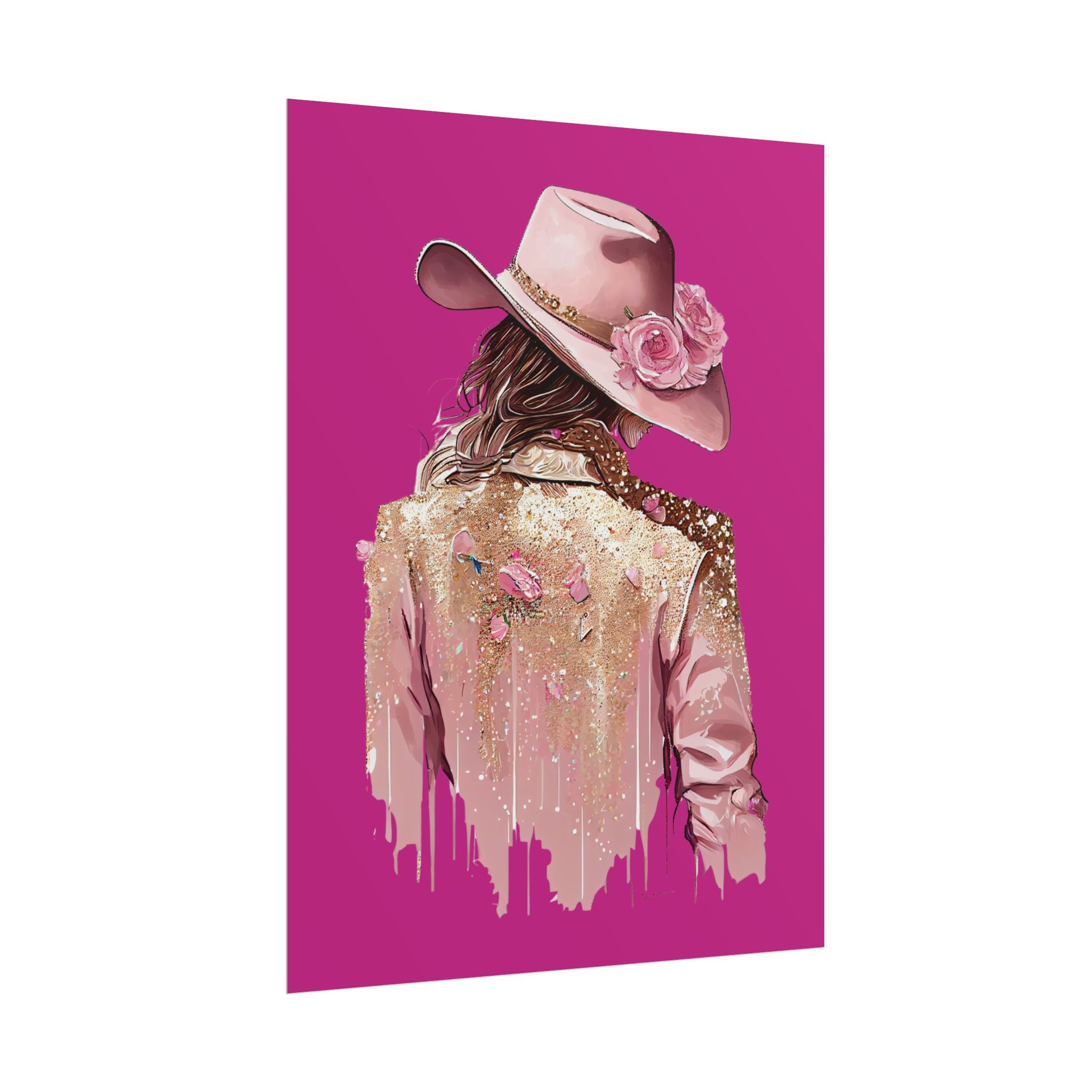 Western Glam Pink Hat Poster - Bold Feminine Wall Art for Bedroom or Dorm, Cowboycore Home Decor, Rose Jacket Pop Art Print