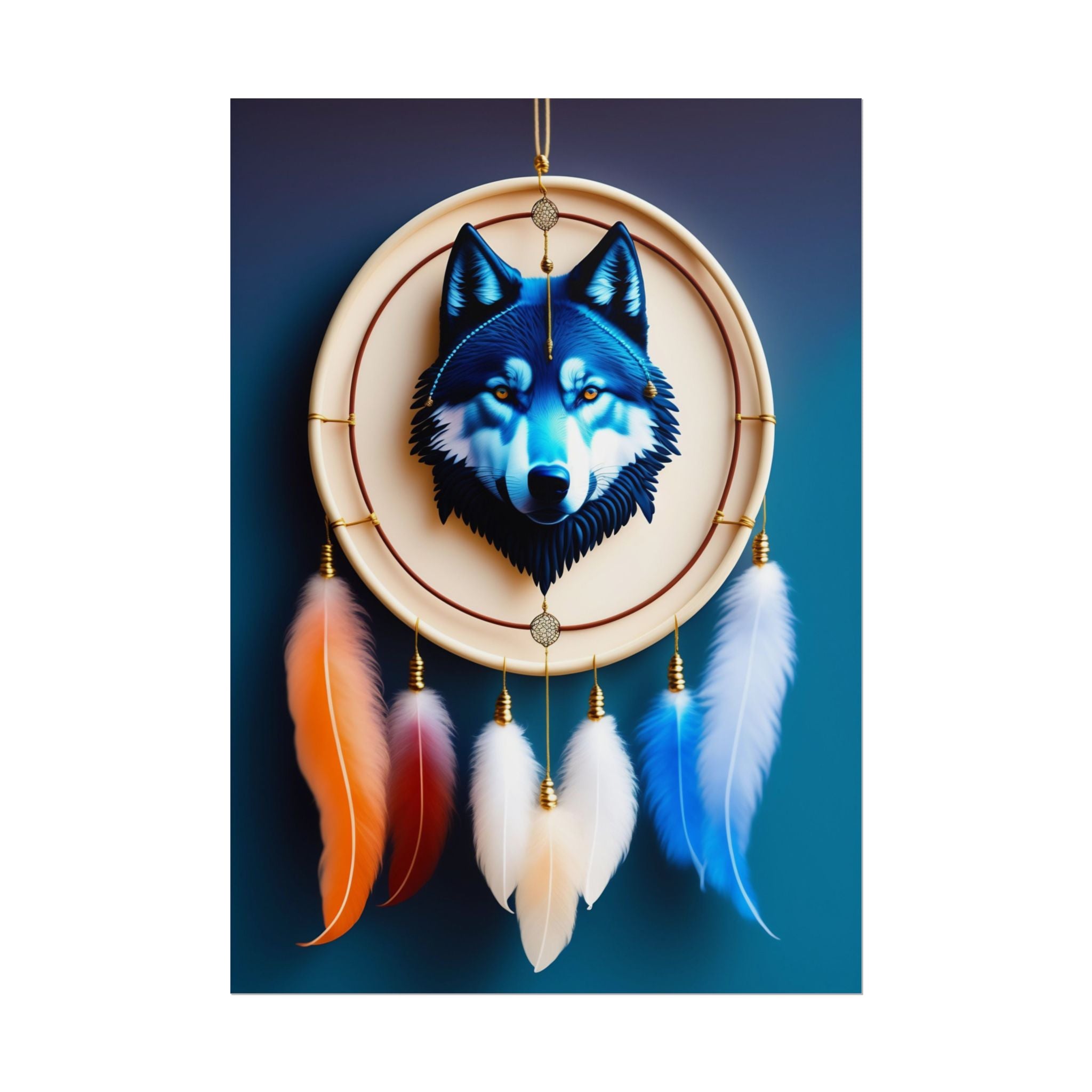 Boho Wolf Dreamcatcher Poster - Spirit Animal Wall Art, Tribal Bohemian Decor, Blue Wolf Dream Catcher Print