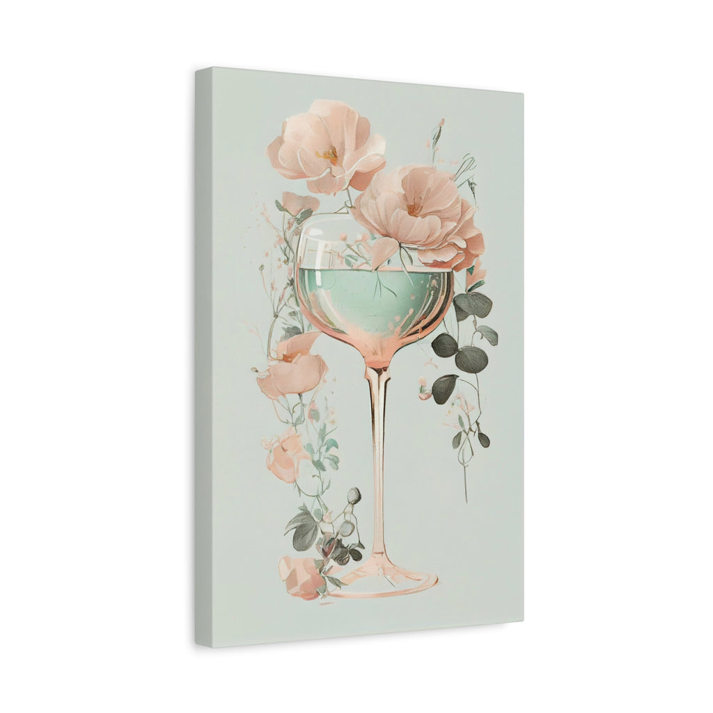 Mint Wine Glass Floral Canvas Wall Art - Elegant Botanical Poster, Soft Pastel Minimalist Decor for Bedroom or Kitchen