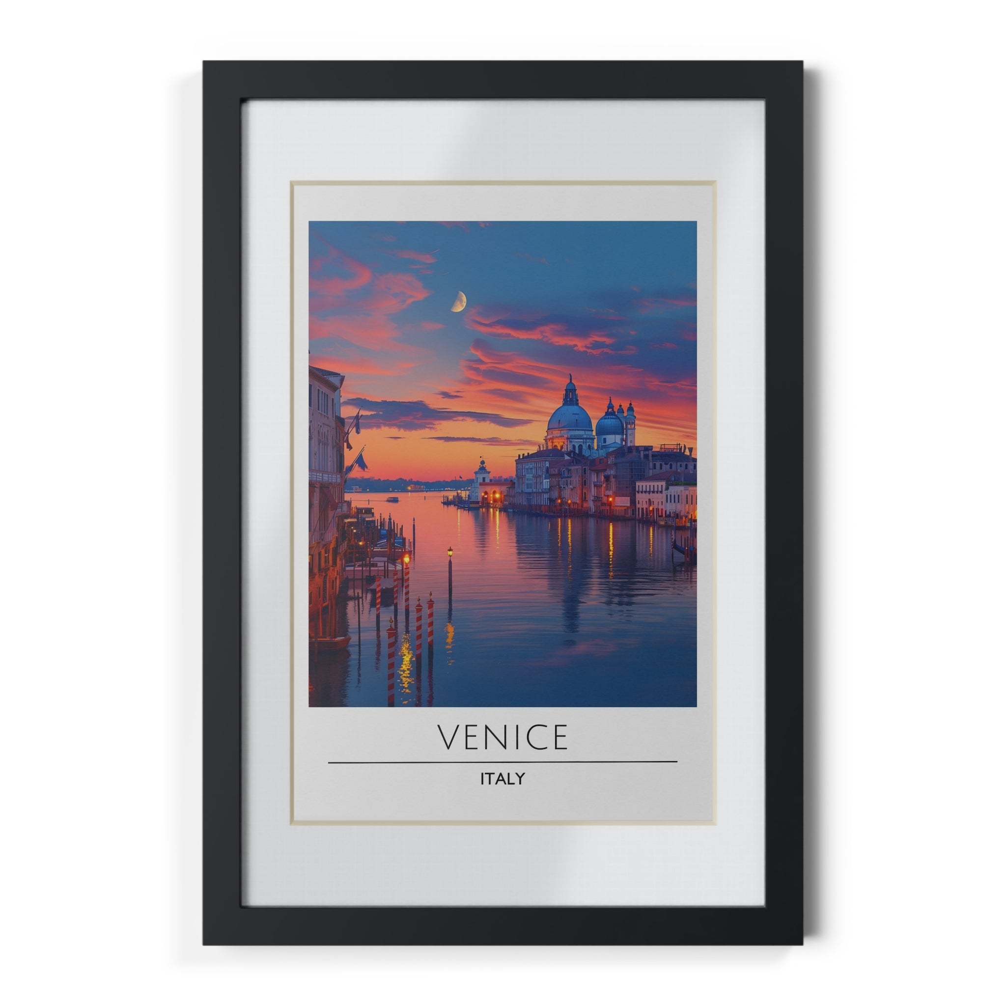 Venice Italy Framed Travel Poster - Grand Canal Wall Art Print, Sunset Cityscape Decor, Romantic European Architecture