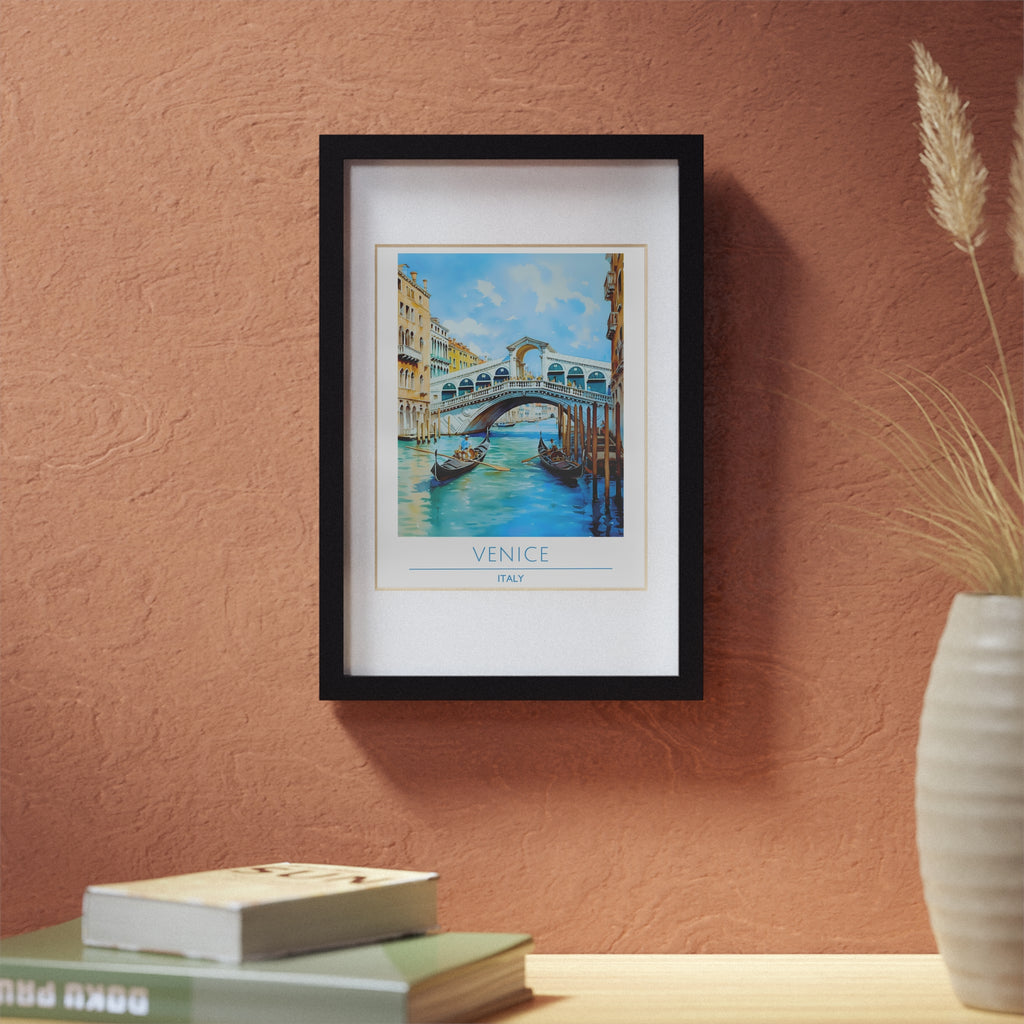 Venice Italy Rialto Bridge Poster - Framed Gondola Wall Art, Canal Scene Print, Watercolor Travel Decor