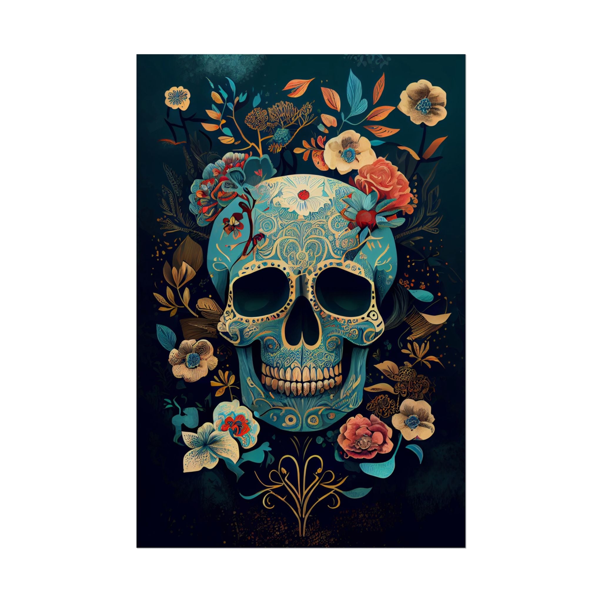 Blue Chinoiserie Sugar Skull Poster - Dia de los Muertos Floral Skull Art Print, Moody Gothic Home Decor, Vibrant Calavera Wall Art
