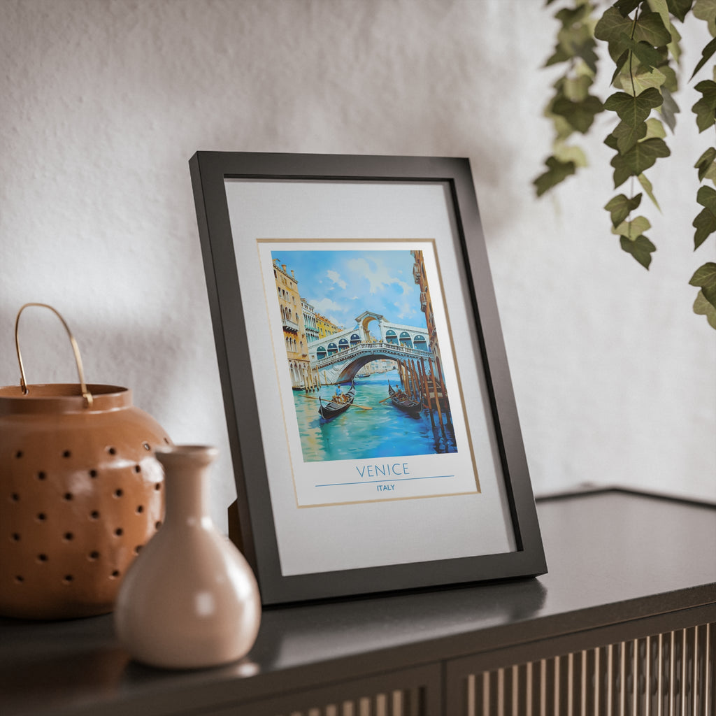 Venice Italy Rialto Bridge Poster - Framed Gondola Wall Art, Canal Scene Print, Watercolor Travel Decor