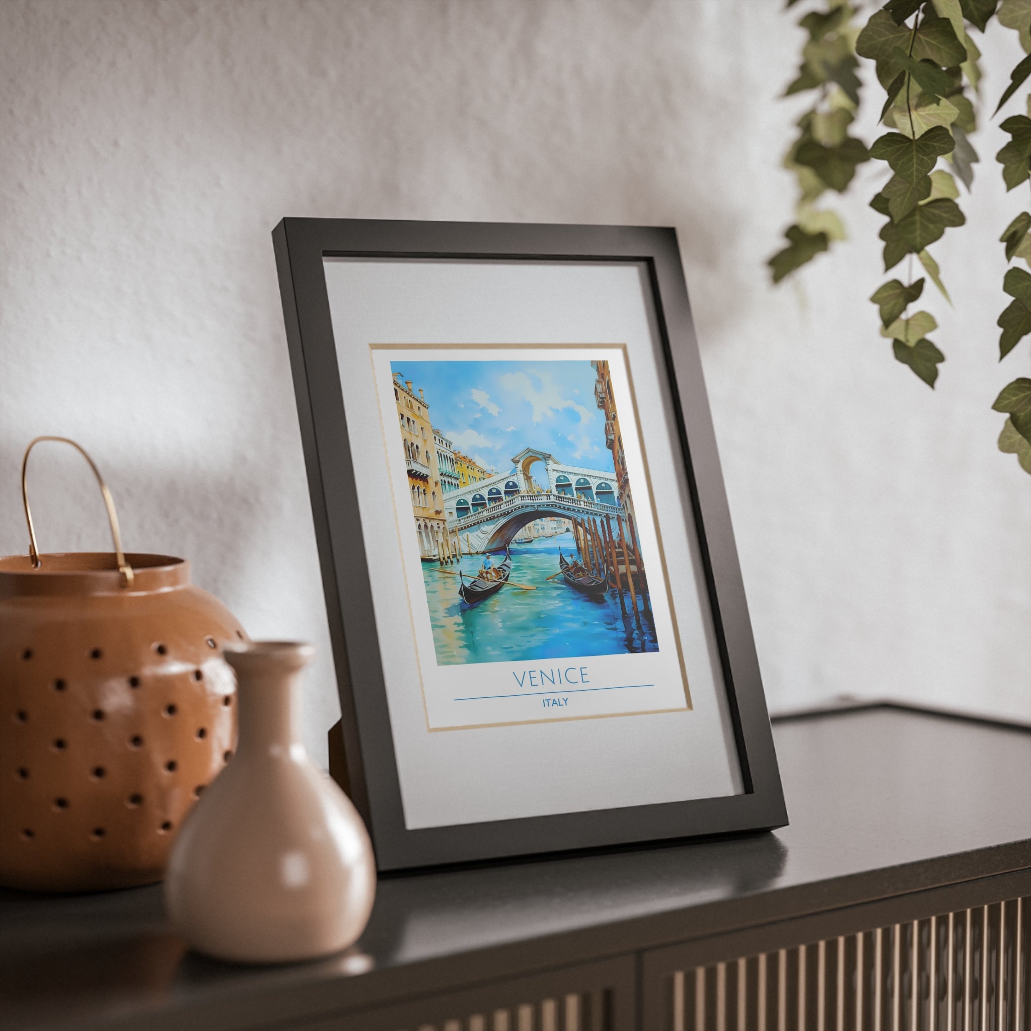 Venice Italy Rialto Bridge Poster - Framed Gondola Wall Art, Canal Scene Print, Watercolor Travel Decor