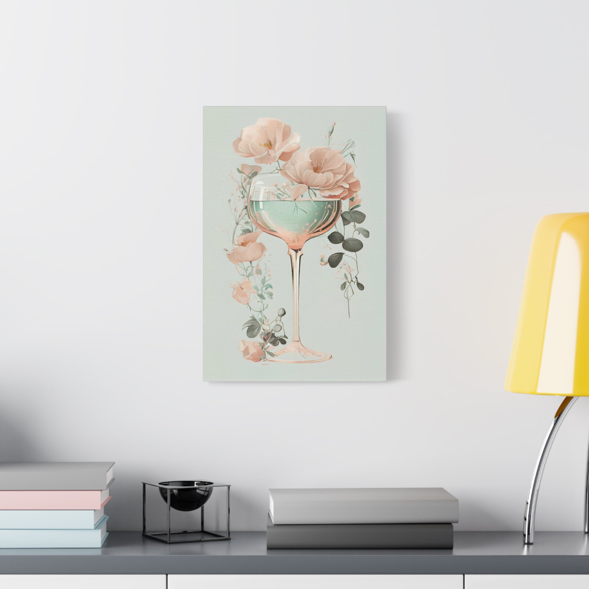 Mint Wine Glass Floral Canvas Wall Art - Elegant Botanical Poster, Soft Pastel Minimalist Decor for Bedroom or Kitchen