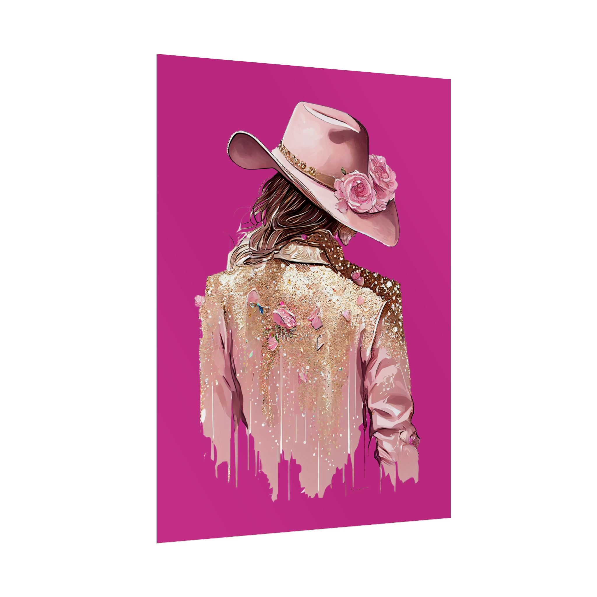 Western Glam Pink Hat Poster - Bold Feminine Wall Art for Bedroom or Dorm, Cowboycore Home Decor, Rose Jacket Pop Art Print