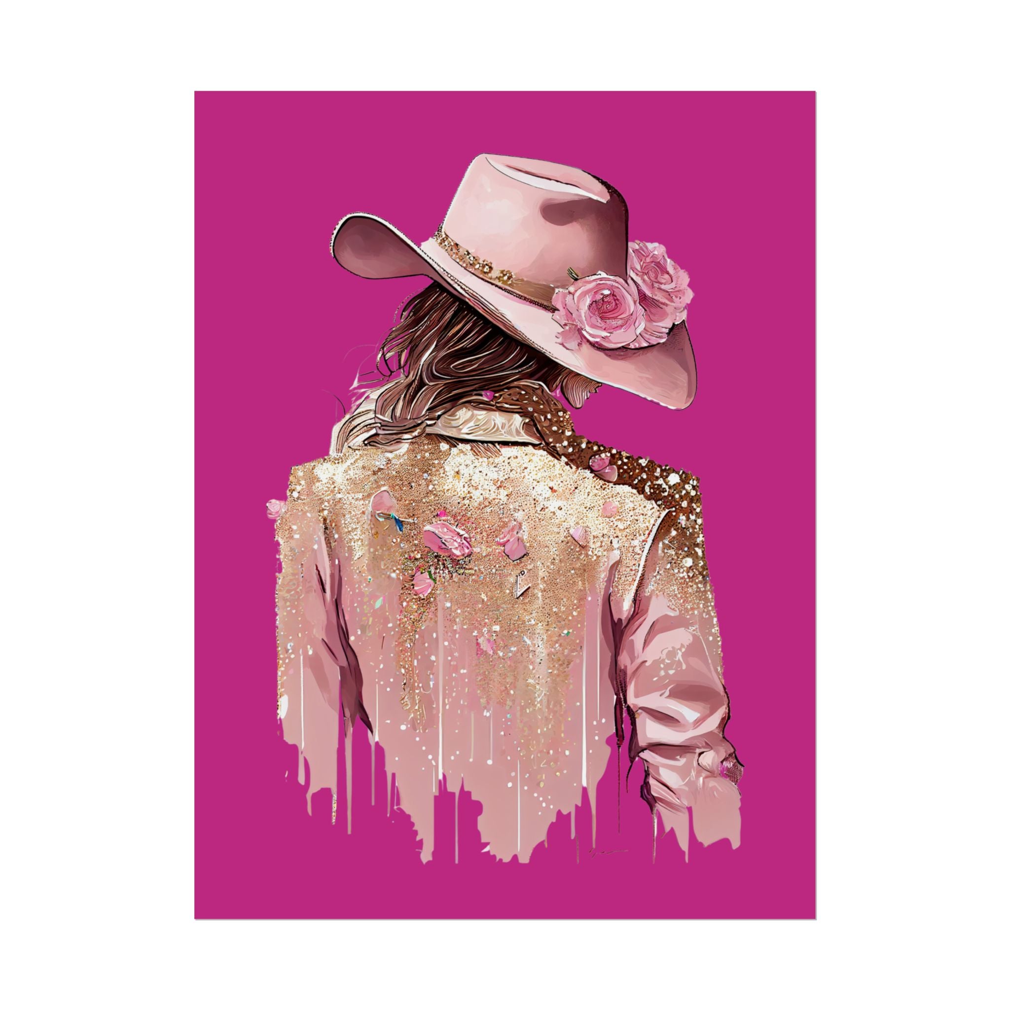 Western Glam Pink Hat Poster - Bold Feminine Wall Art for Bedroom or Dorm, Cowboycore Home Decor, Rose Jacket Pop Art Print
