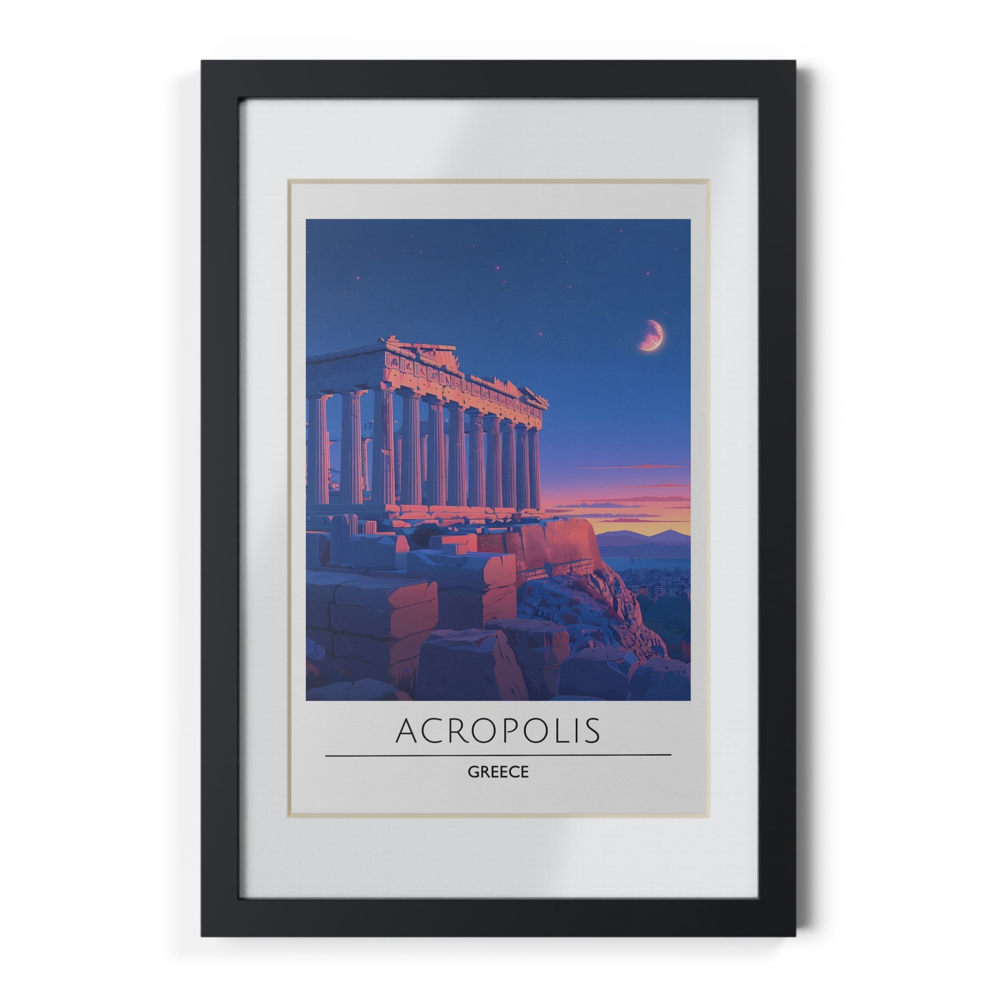 Acropolis Greece Framed Travel Poster - Athens Wall Art Print, Ancient Greek Architecture Decor, Parthenon Illustration