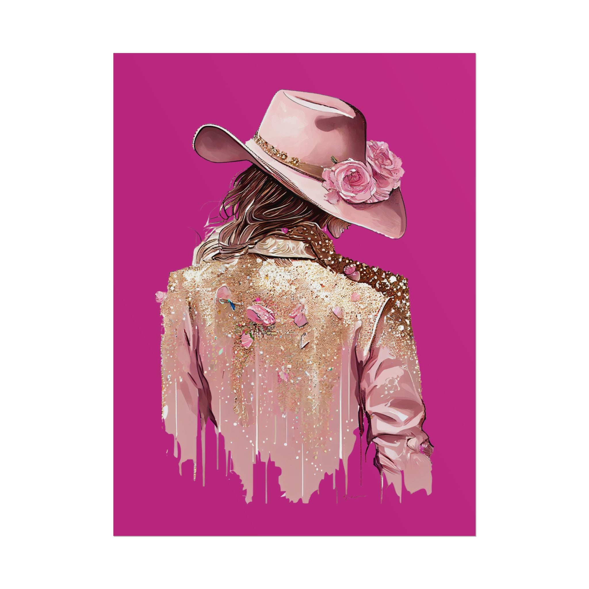 Western Glam Pink Hat Poster - Bold Feminine Wall Art for Bedroom or Dorm, Cowboycore Home Decor, Rose Jacket Pop Art Print