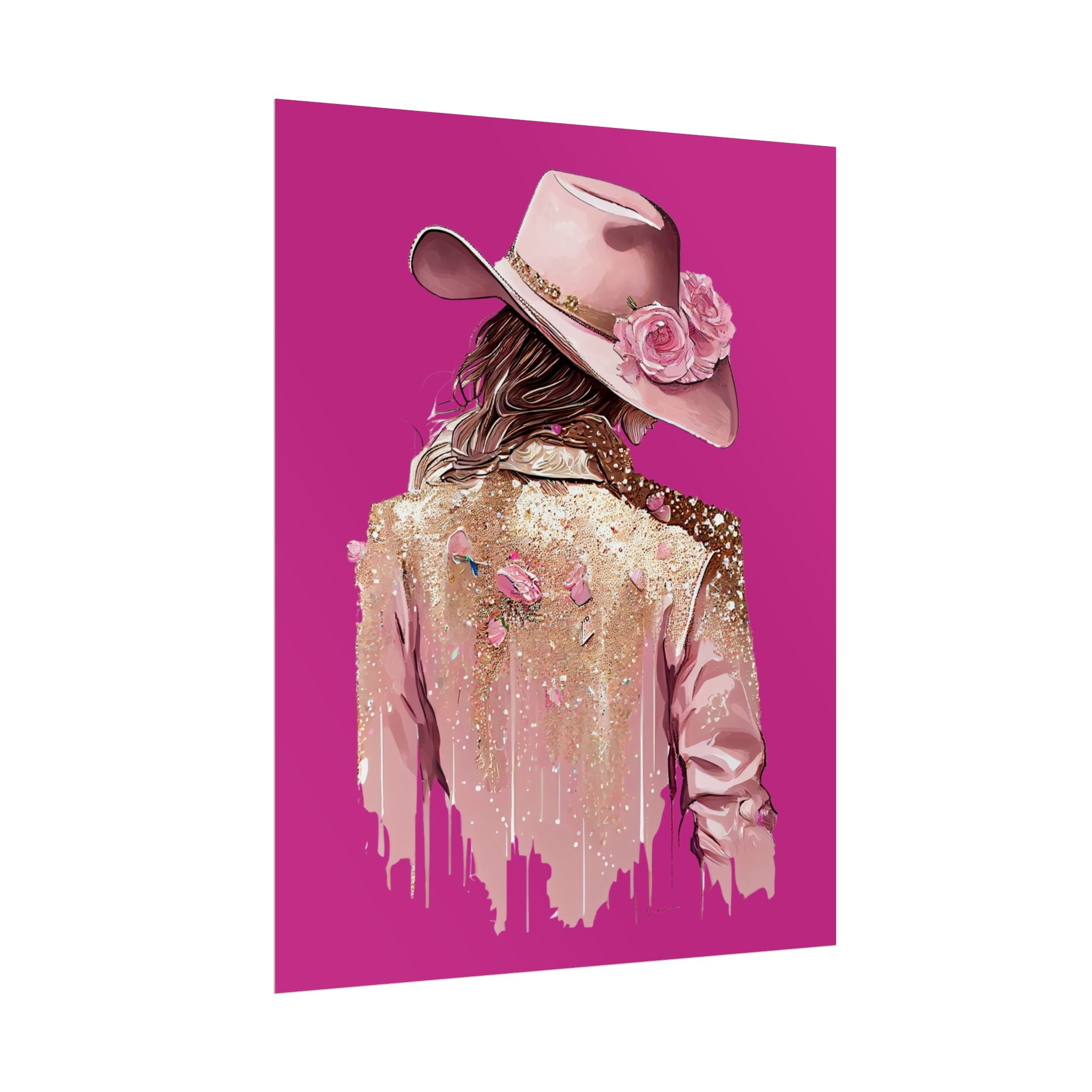 Western Glam Pink Hat Poster - Bold Feminine Wall Art for Bedroom or Dorm, Cowboycore Home Decor, Rose Jacket Pop Art Print