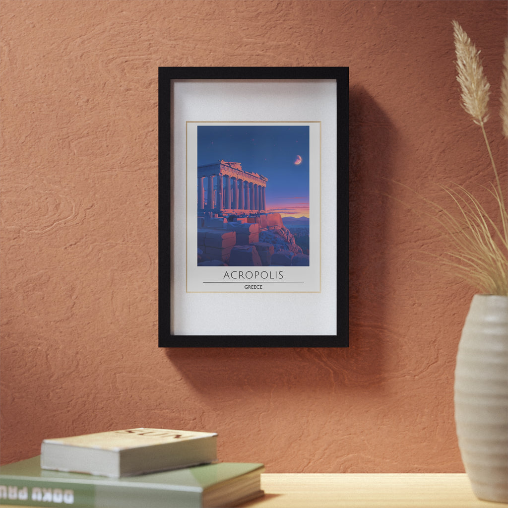 Acropolis Greece Framed Travel Poster - Athens Wall Art Print, Ancient Greek Architecture Decor, Parthenon Illustration
