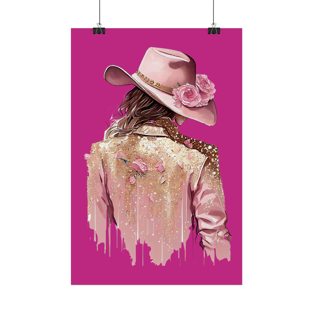 Western Glam Pink Hat Poster - Bold Feminine Wall Art for Bedroom or Dorm, Cowboycore Home Decor, Rose Jacket Pop Art Print