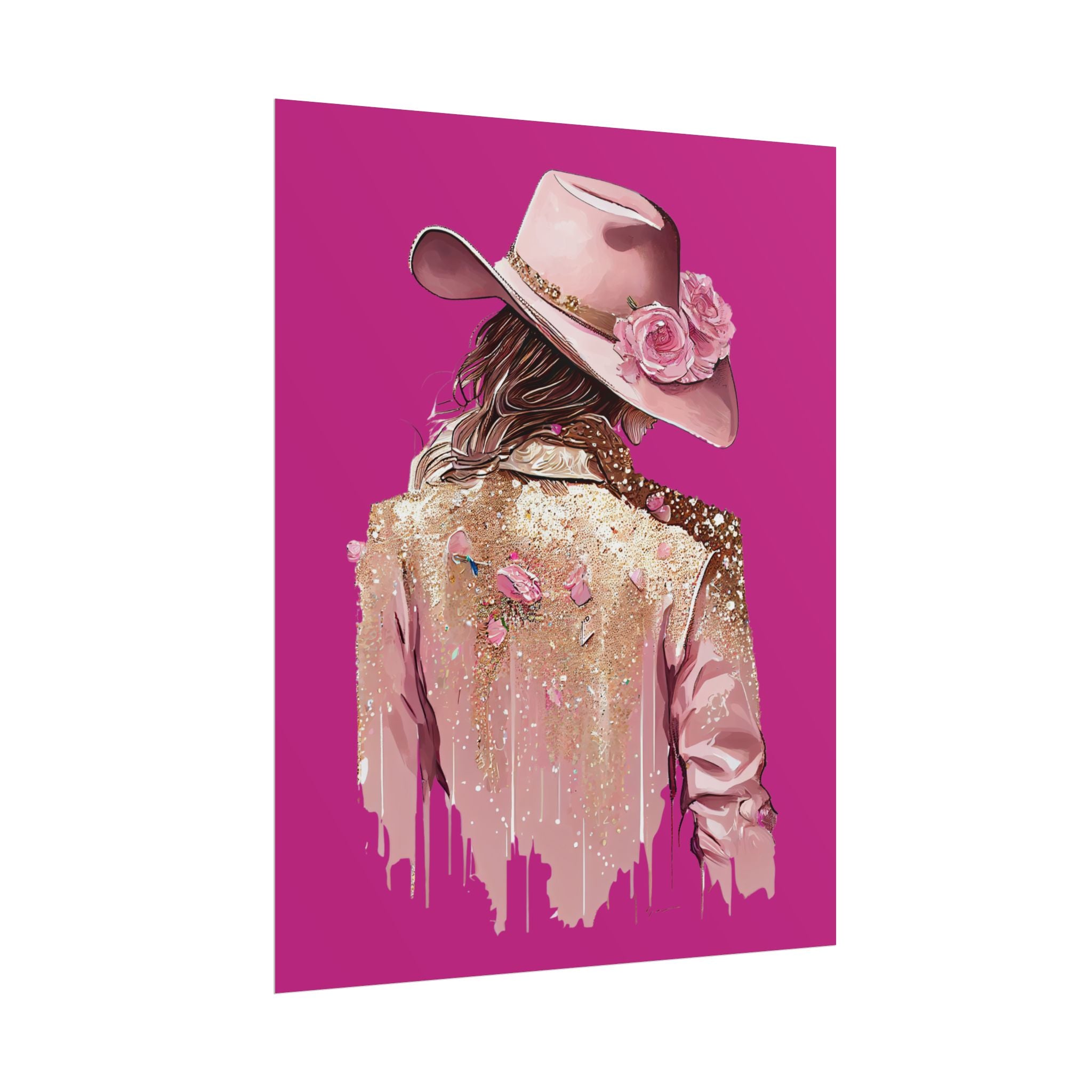 Western Glam Pink Hat Poster - Bold Feminine Wall Art for Bedroom or Dorm, Cowboycore Home Decor, Rose Jacket Pop Art Print