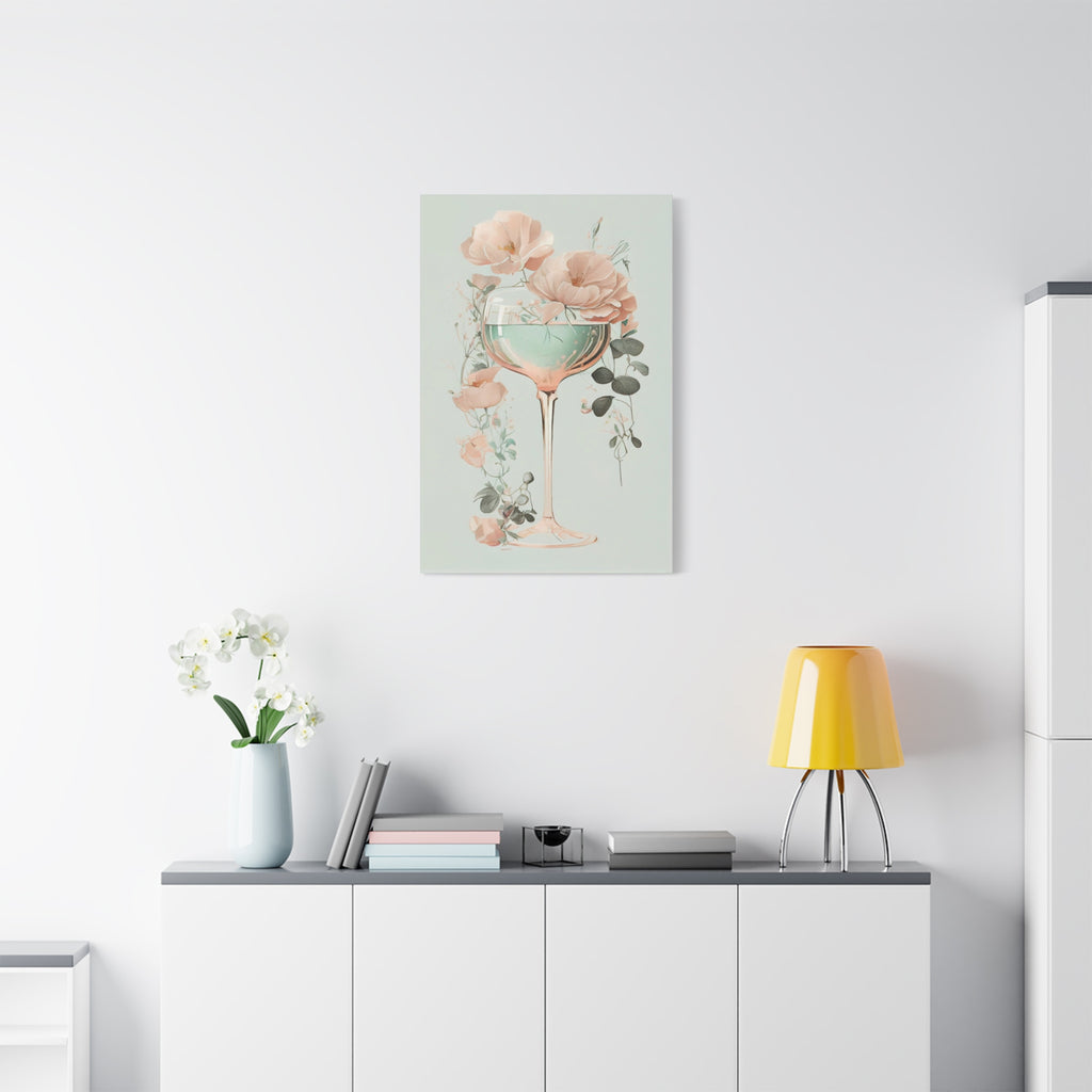 Mint Wine Glass Floral Canvas Wall Art - Elegant Botanical Poster, Soft Pastel Minimalist Decor for Bedroom or Kitchen
