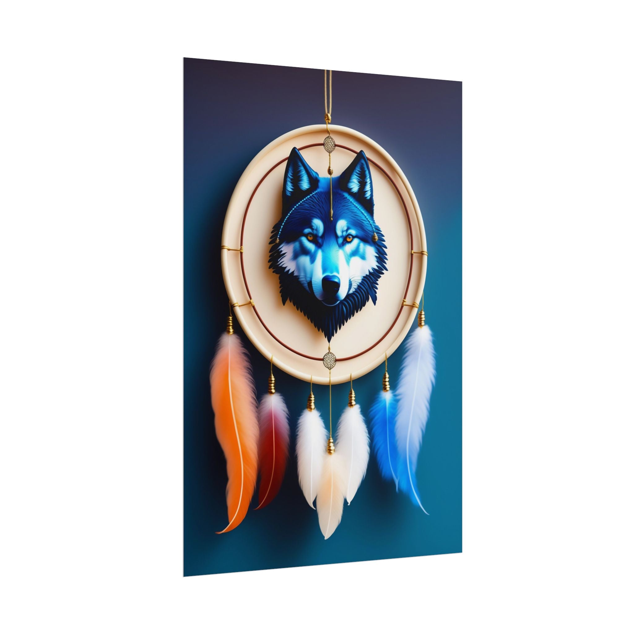 Boho Wolf Dreamcatcher Poster - Spirit Animal Wall Art, Tribal Bohemian Decor, Blue Wolf Dream Catcher Print