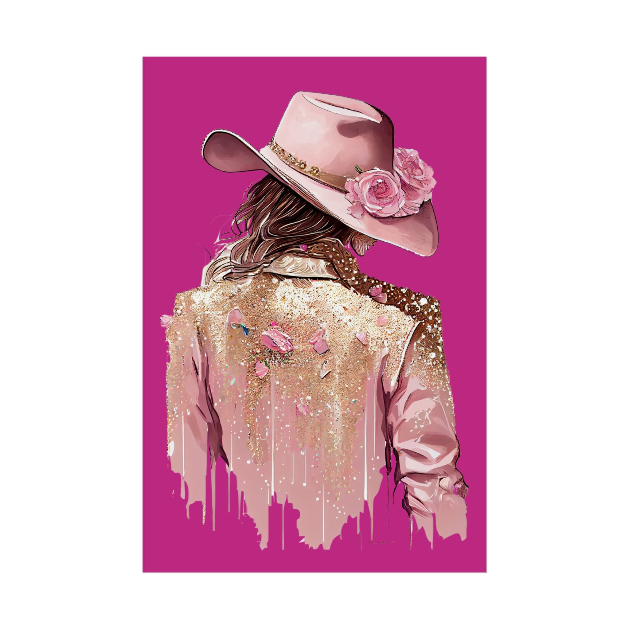 Western Glam Pink Hat Poster - Bold Feminine Wall Art for Bedroom or Dorm, Cowboycore Home Decor, Rose Jacket Pop Art Print