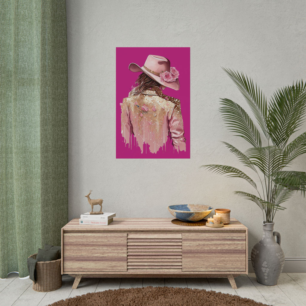 Western Glam Pink Hat Poster - Bold Feminine Wall Art for Bedroom or Dorm, Cowboycore Home Decor, Rose Jacket Pop Art Print