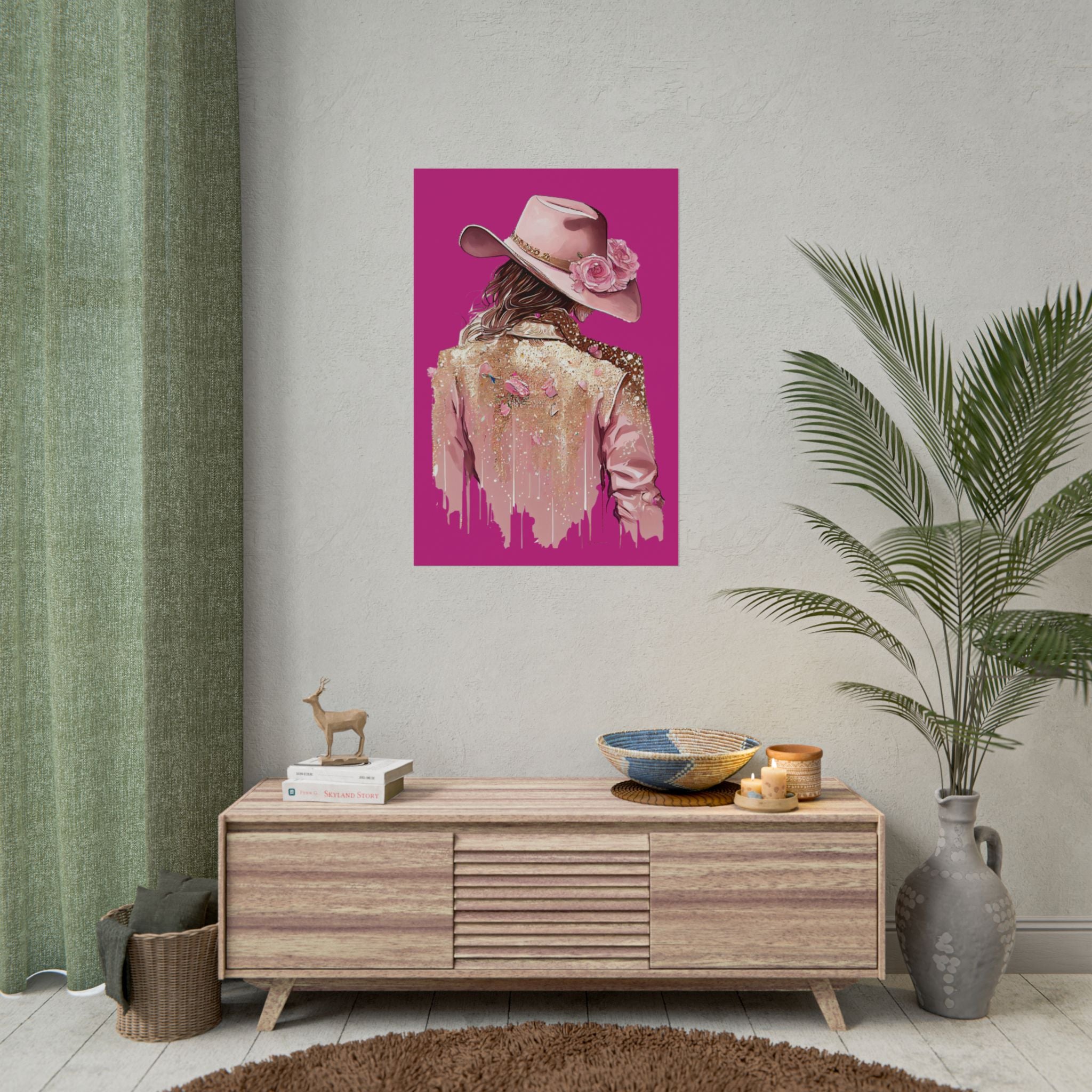 Western Glam Pink Hat Poster - Bold Feminine Wall Art for Bedroom or Dorm, Cowboycore Home Decor, Rose Jacket Pop Art Print