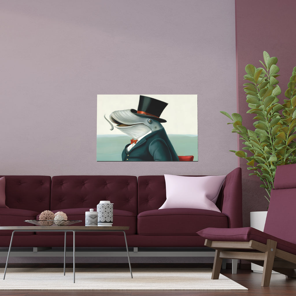 Whale in Top Hat Poster - Surreal Animal Art Print for Bathroom or Office - Funny Dapper Whale Wall Art, Gift for Men, Coastal Decor