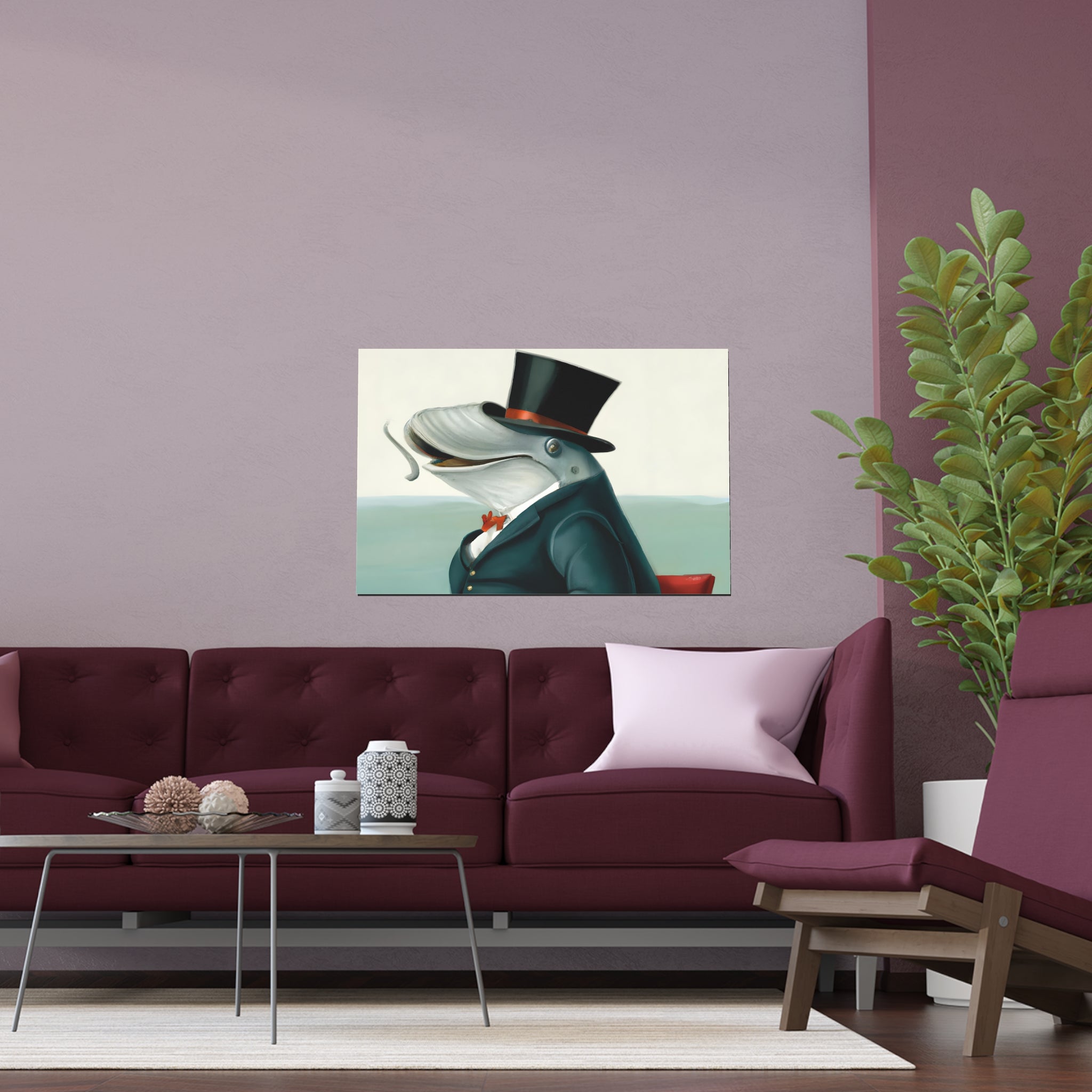 Whale in Top Hat Poster - Surreal Animal Art Print for Bathroom or Office - Funny Dapper Whale Wall Art, Gift for Men, Coastal Decor