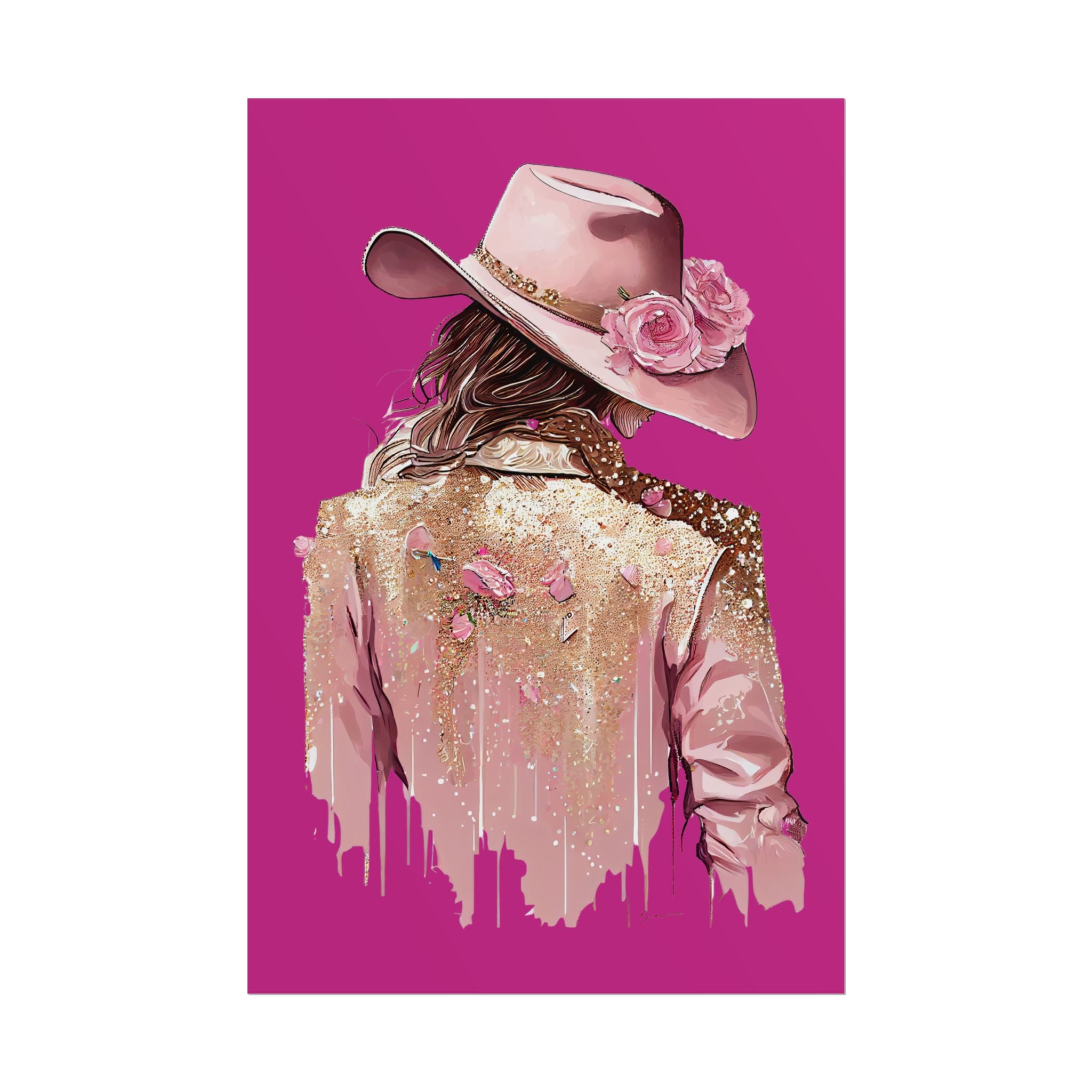 Western Glam Pink Hat Poster - Bold Feminine Wall Art for Bedroom or Dorm, Cowboycore Home Decor, Rose Jacket Pop Art Print